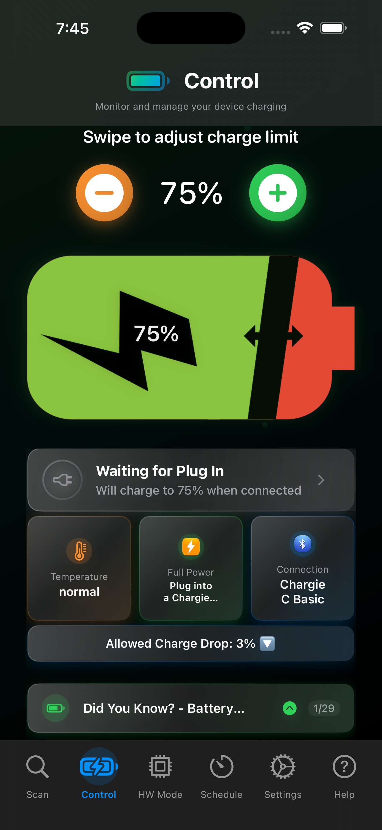Chargie for iOS charge control screen