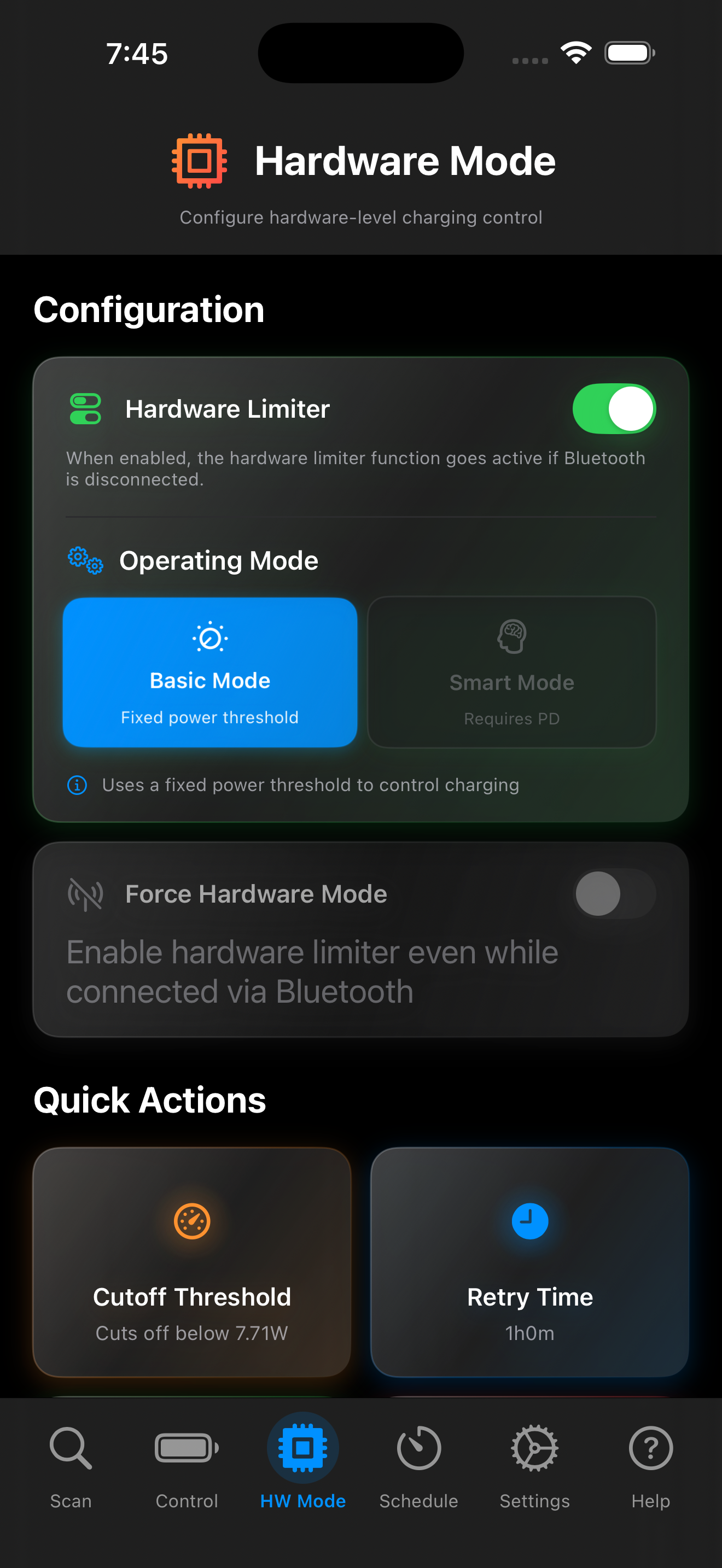 Chargie iOS hardware config screen