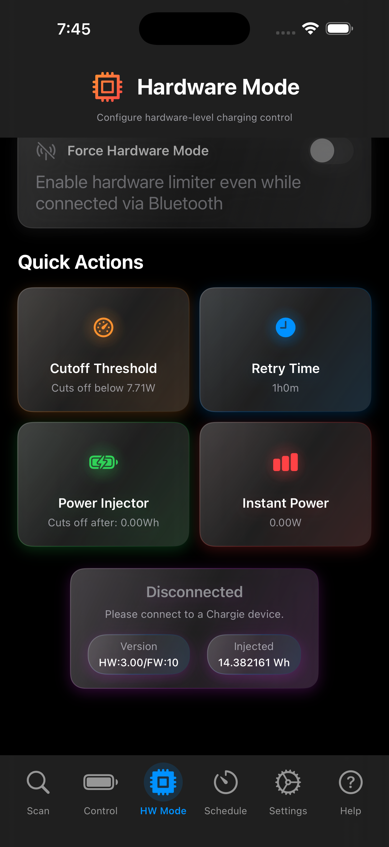 Chargie iOS hardware mode screen