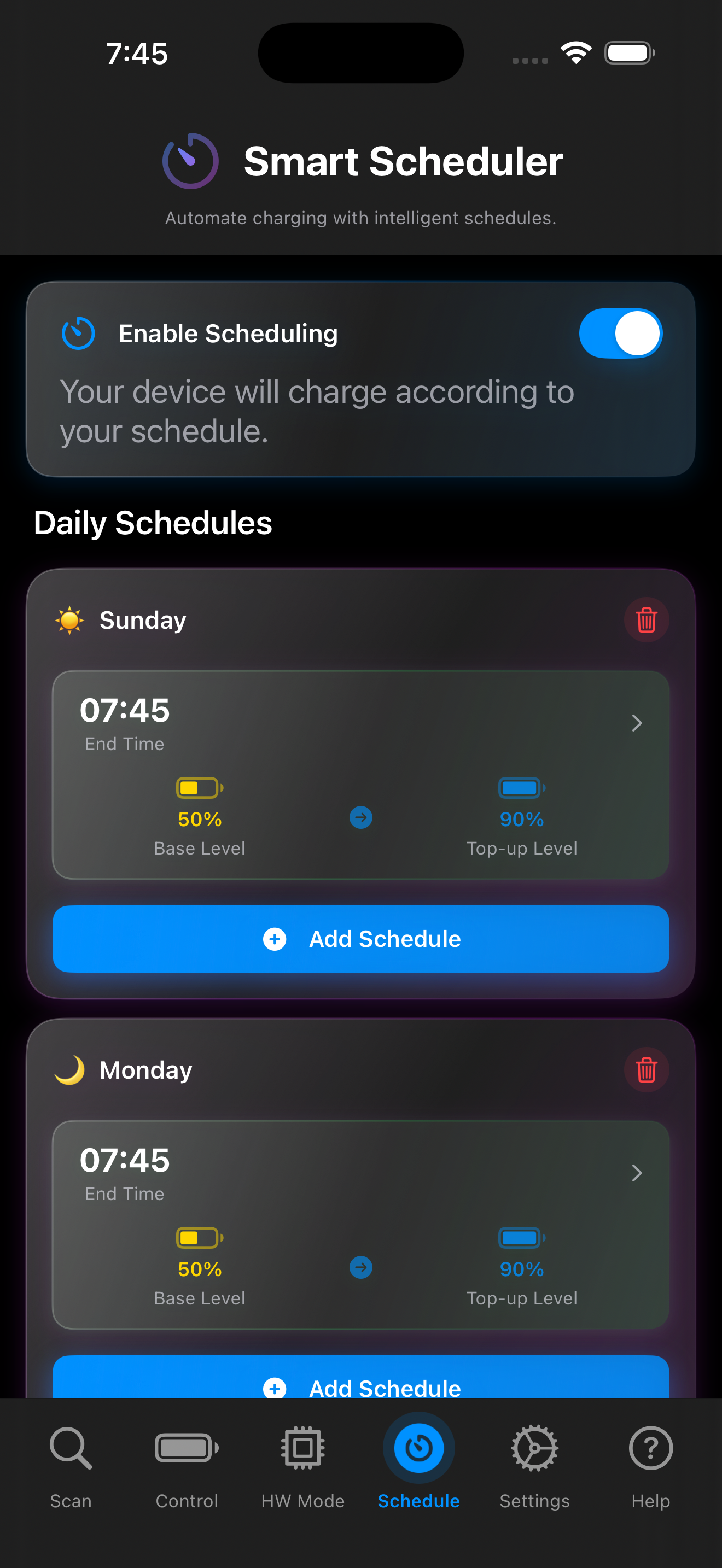 Chargie iOS scheduler screen