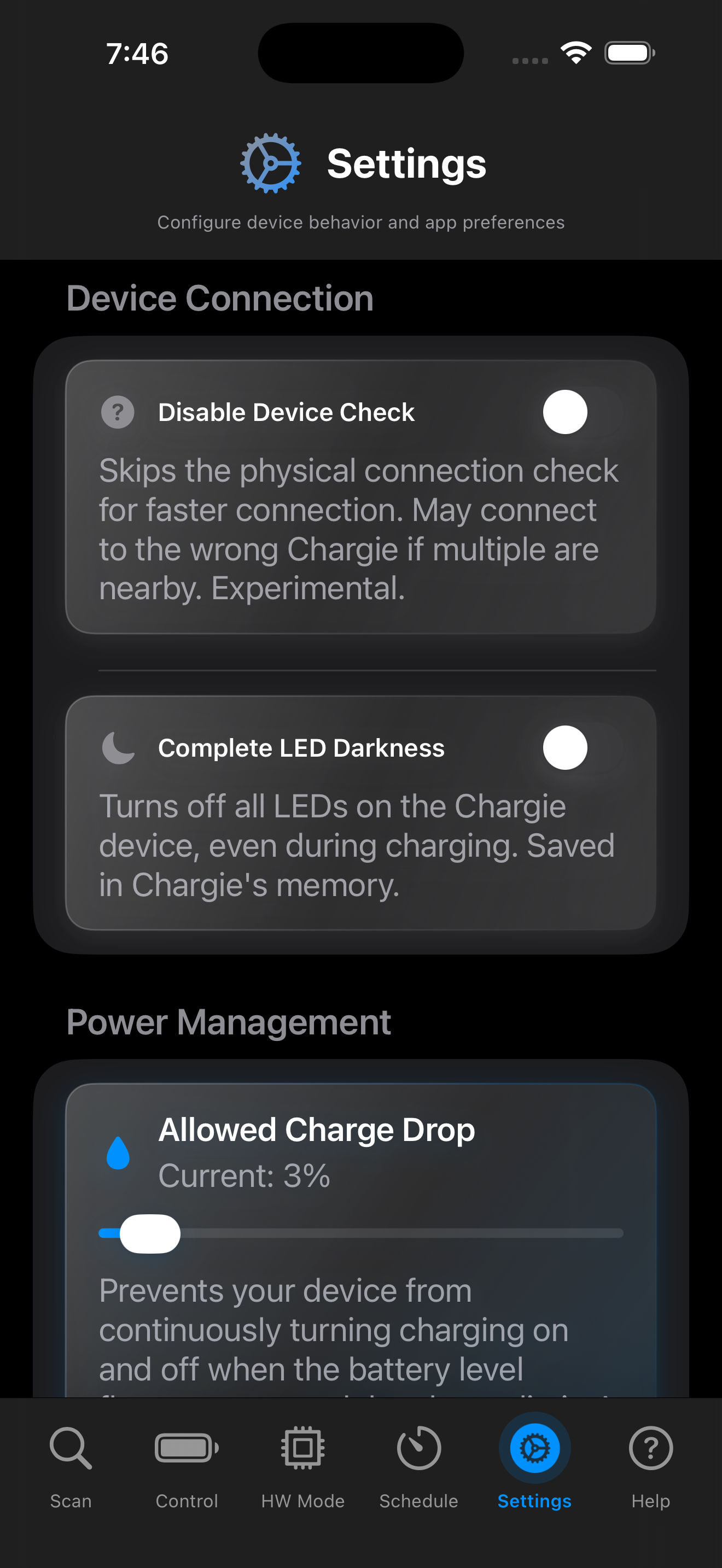 Chargie iOS settings screen