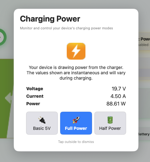 Chargie macOS app screenshot showing Basic, Full Power and Half Power controls