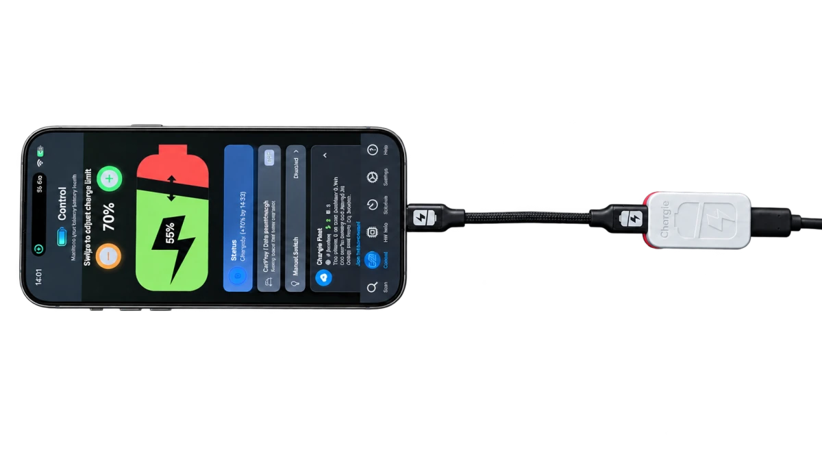 Styled photo of an iPhone showing a 70% charge limit, connected by a short braided cable to a white Chargie charging limiter