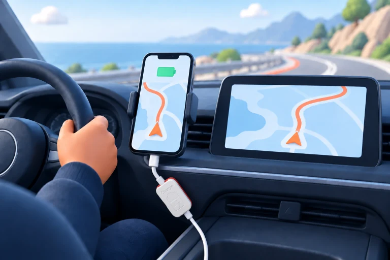 A phone used for navigation on a car dashboard