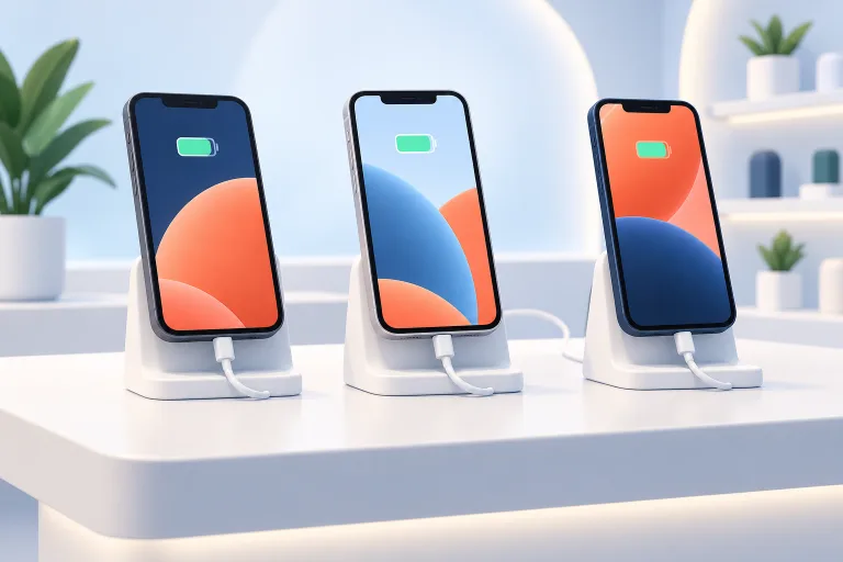 Demo phones on display in a shop