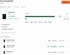 Existing Chargie Fleet dashboard example showing battery levels, charging status and limits for four devices
