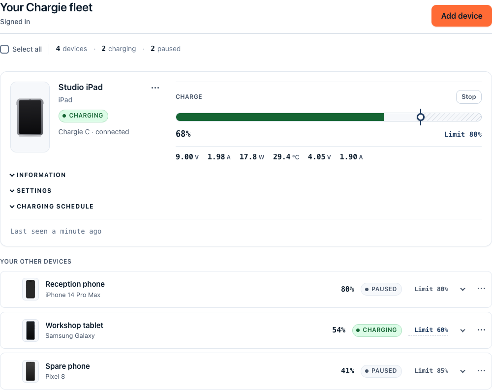 The Chargie Fleet dashboard showing four paired devices