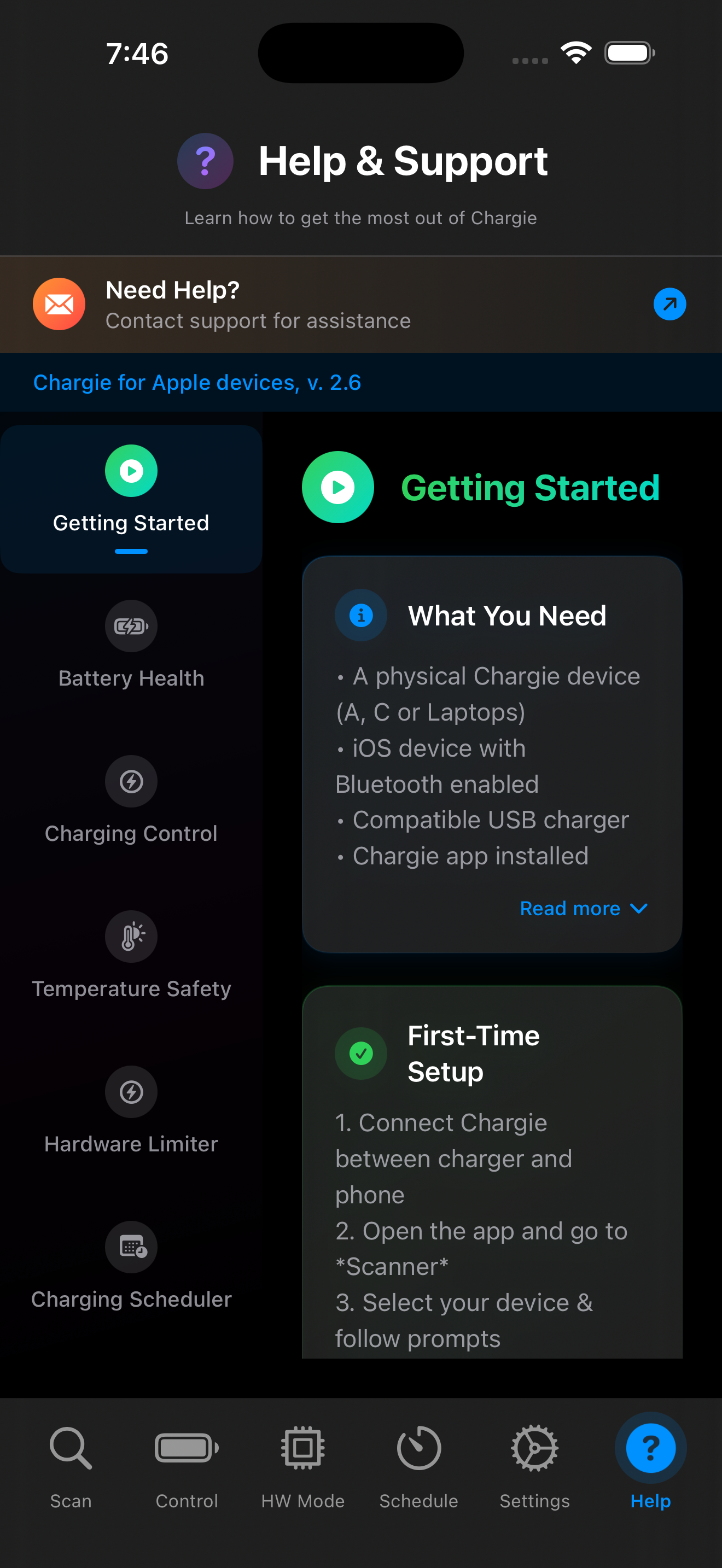 Help & Support Screen