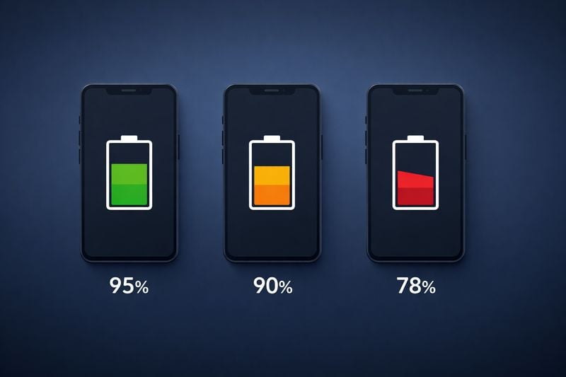 Battery health degradation over time - 95% year 1, 80% year 2, 65% year 3