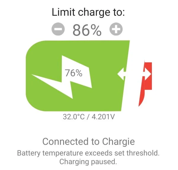 Chargie app showing charging paused because battery temperature exceeded the set threshold