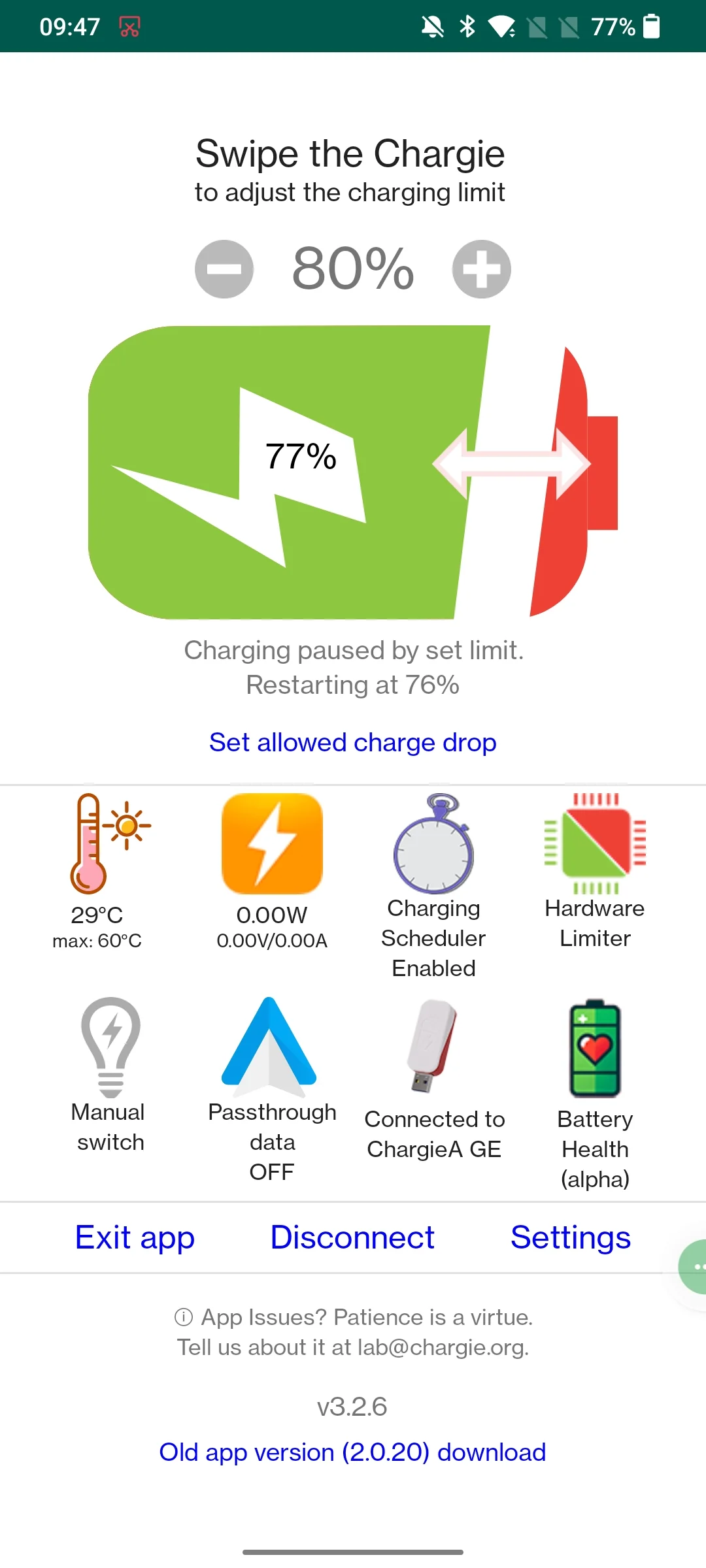 Actual Chargie Android app: an 80% charge limit, battery at 77%, charging paused and restart set to 76%