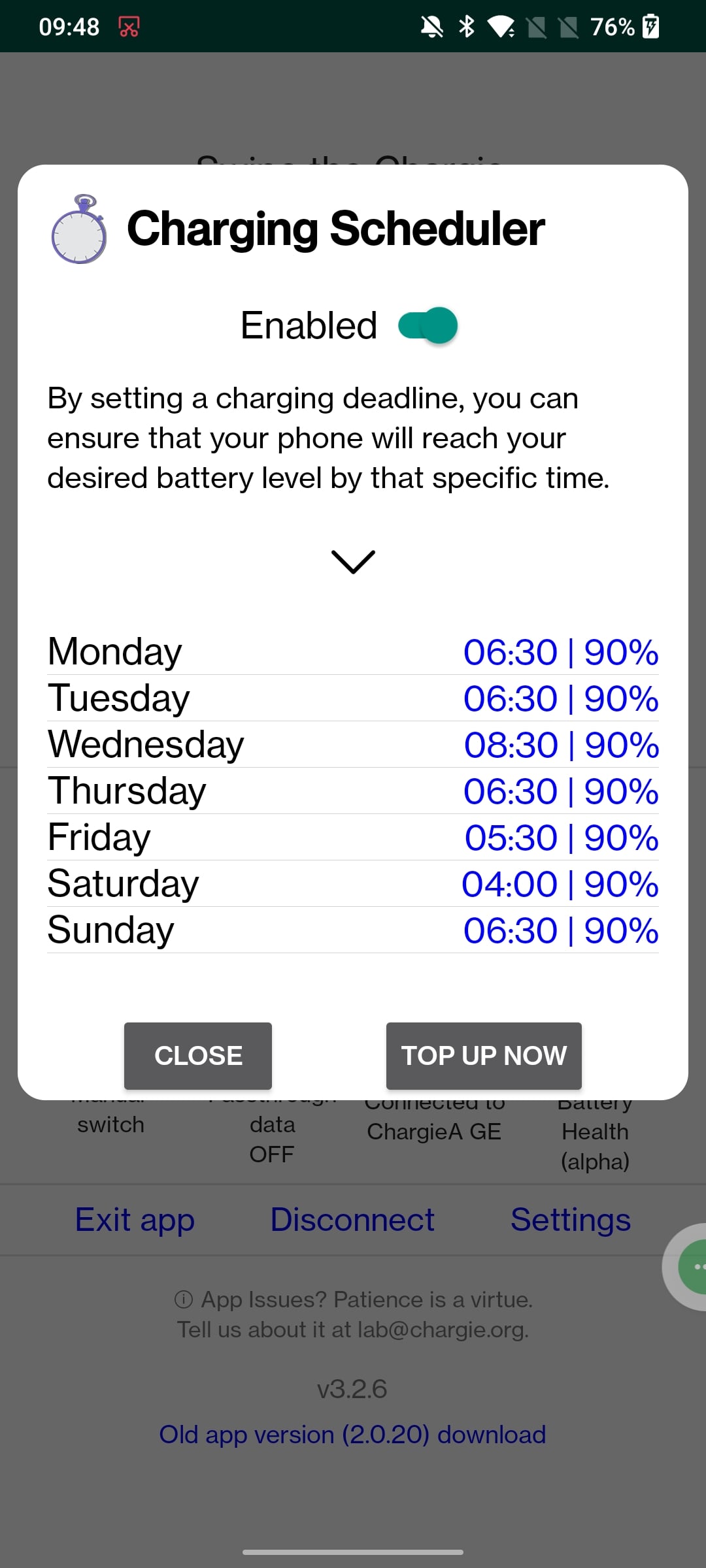 Chargie app showing overnight charging schedule