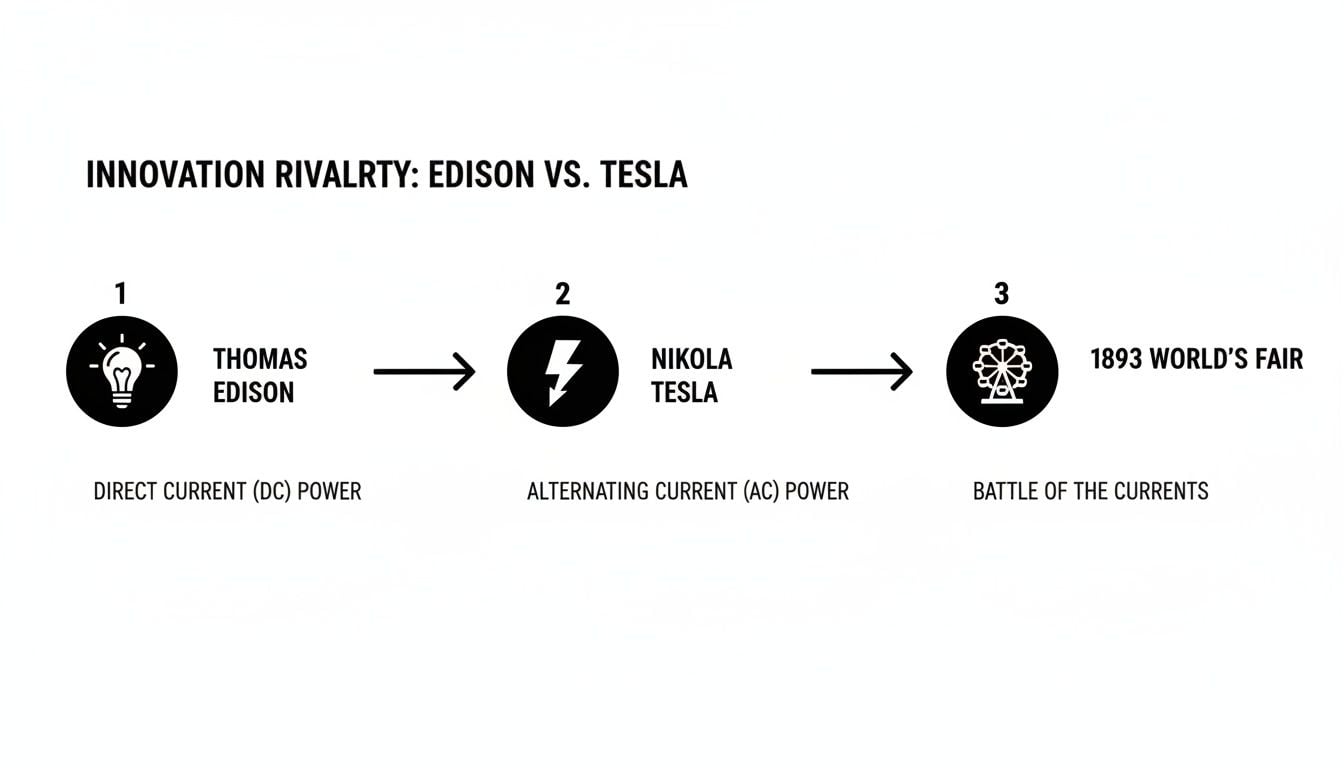 Diagram on Edison vs. Tesla innovation rivalry, direct vs. alternating current, and the 1893 World's Fair.