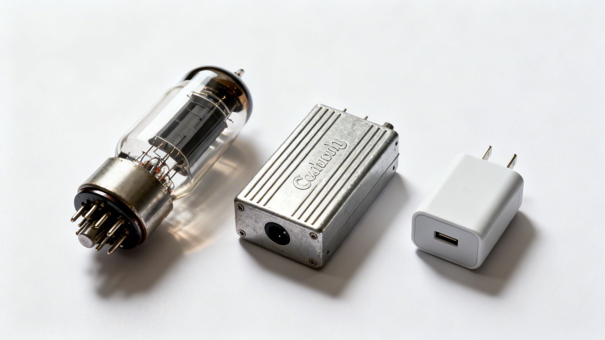 A vintage vacuum tube, a small silver amplifier unit, and a modern white USB wall charger.