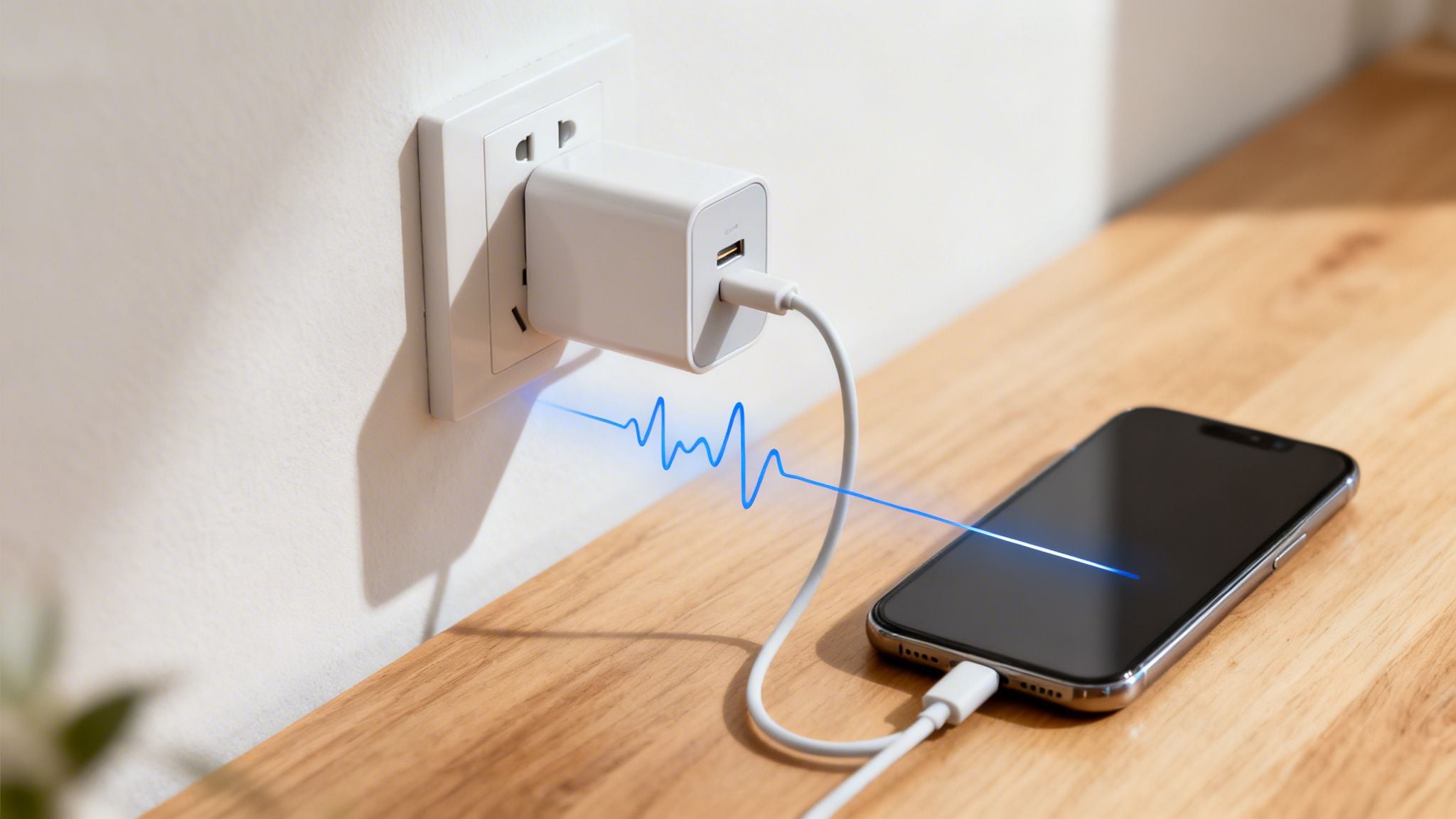 A smartphone charging on a wooden table, connected to a wall charger with a blue energy wave.