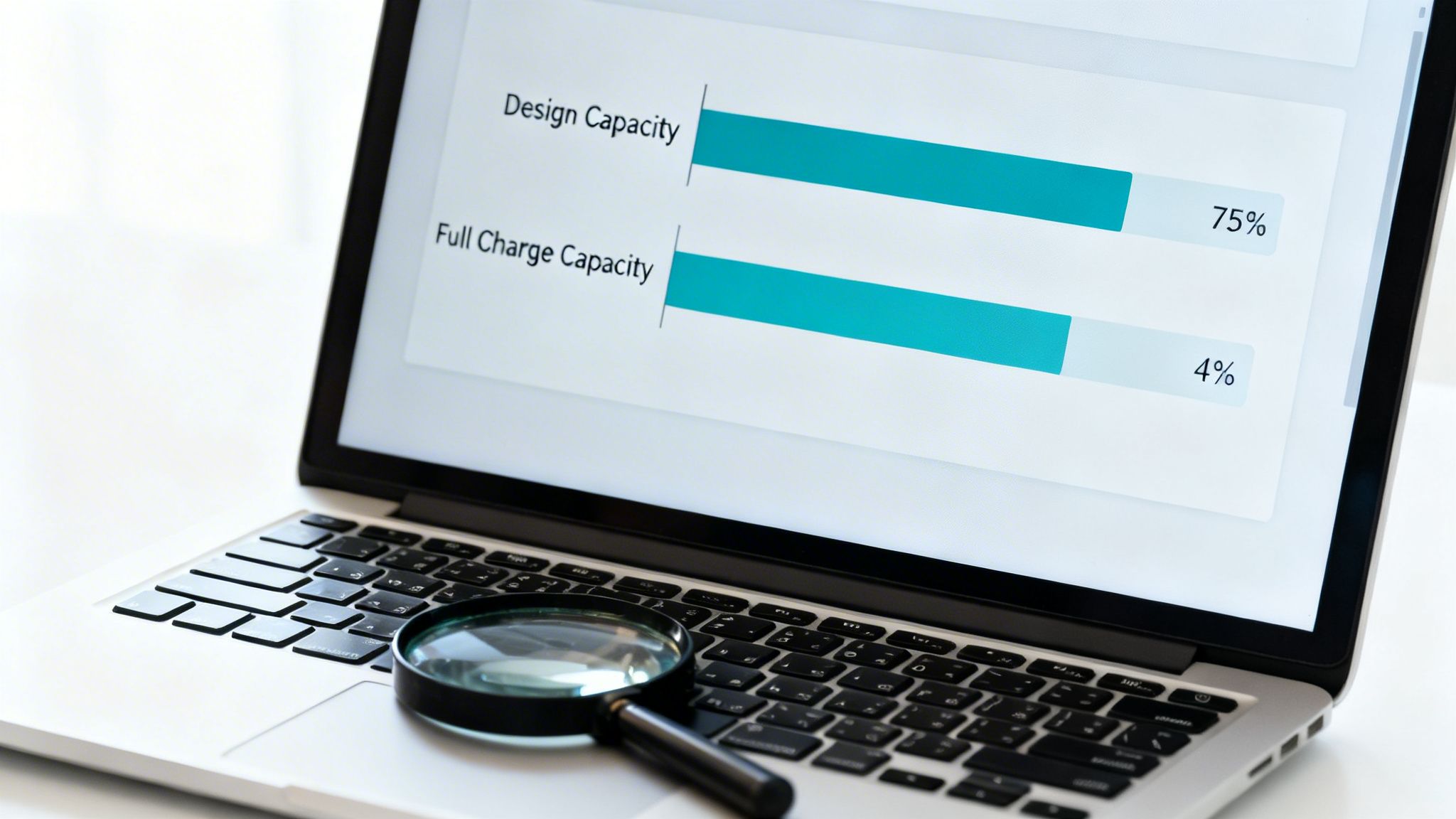 A laptop screen displays battery capacity statistics (75% design, 4% full charge) with a magnifying glass on the keyboard.