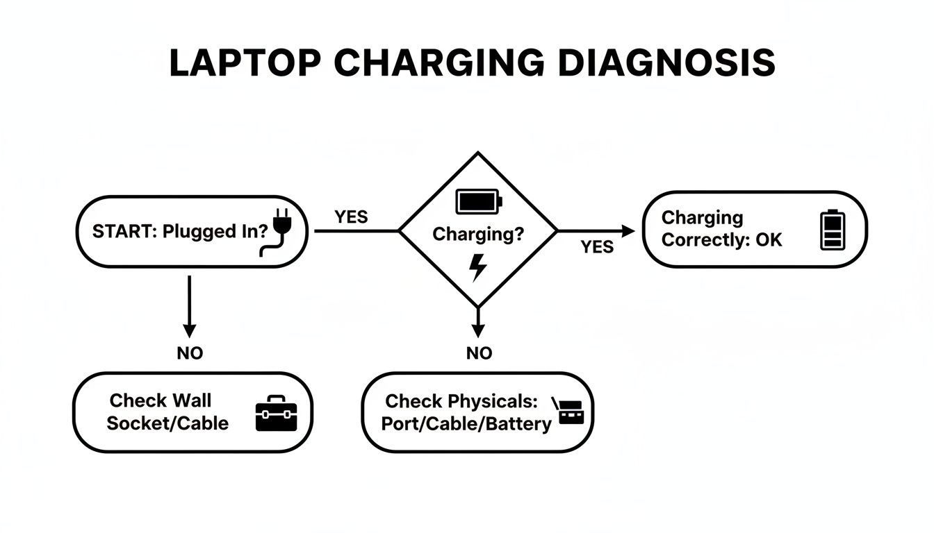 Flowchart illustrating steps to diagnose why a laptop is not charging.