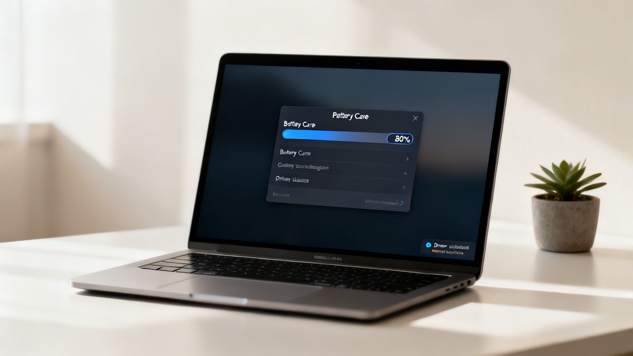 A laptop on a white desk displays a 'Battery Care' window with 80% charge, beside a small plant.