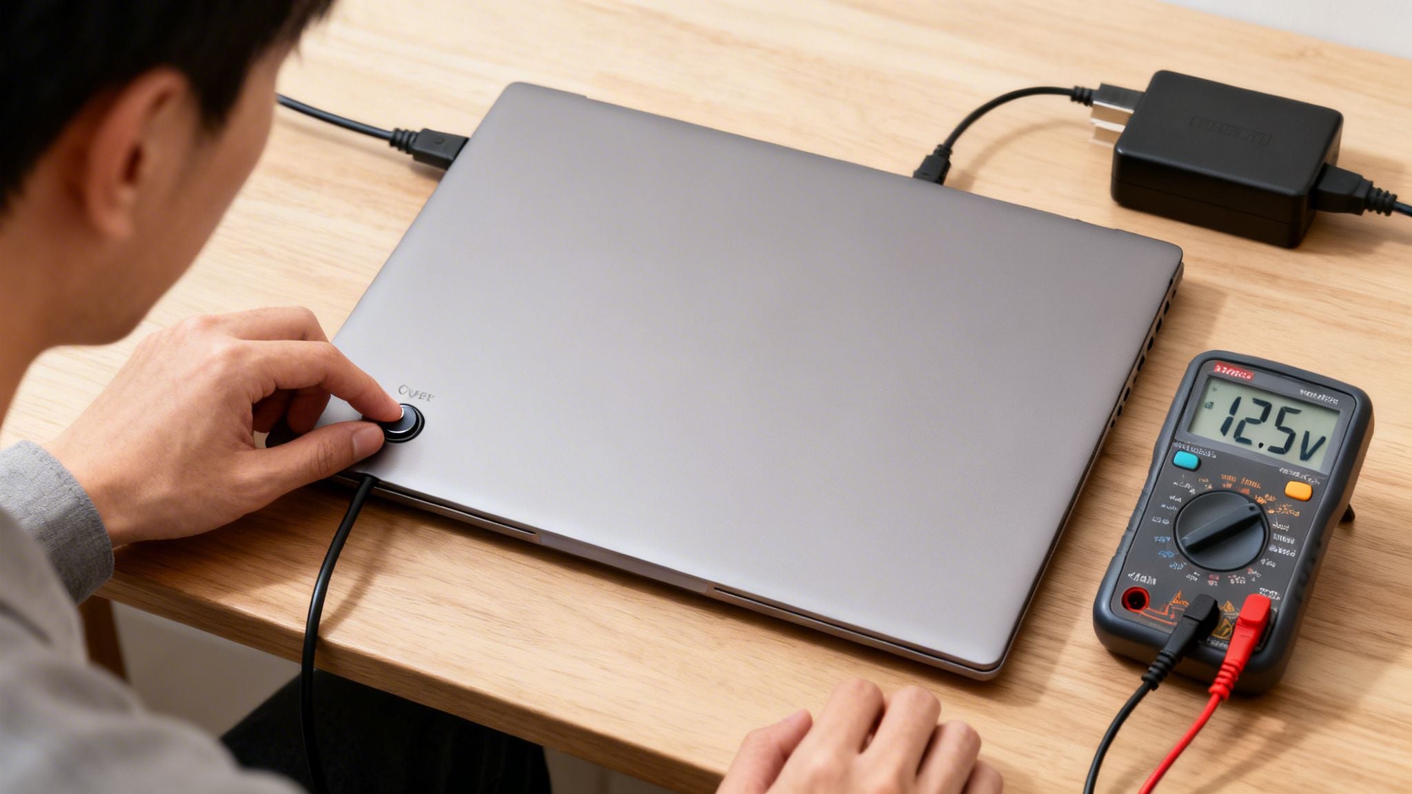 A person tests a grey device with a dial, while a multimeter shows 12.5V.