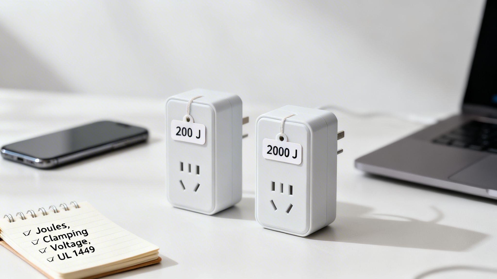 Two white surge protectors, one 200 J and one 2000 J, on a desk with a notebook checklist.
