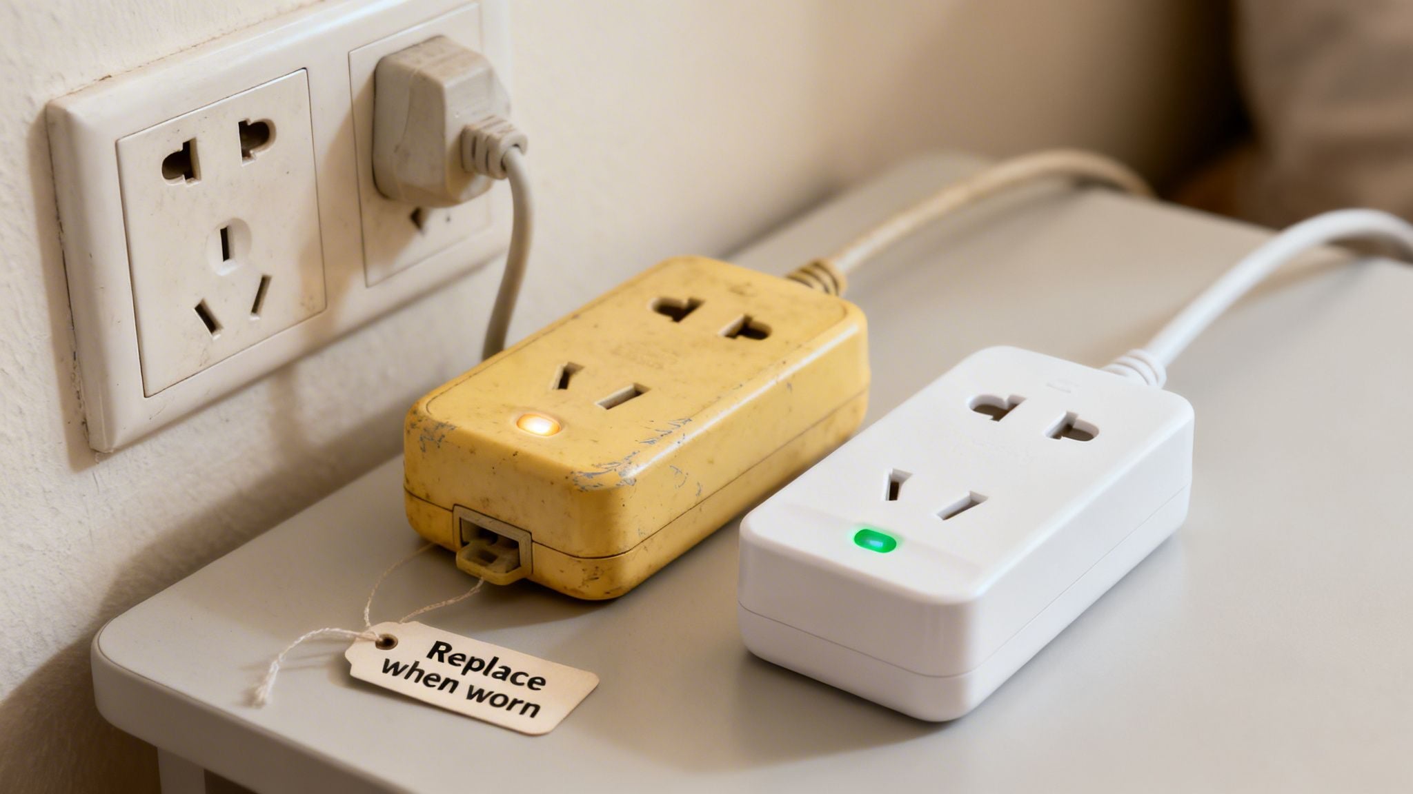 A worn yellow power strip with an amber light next to a new white one with a green light.