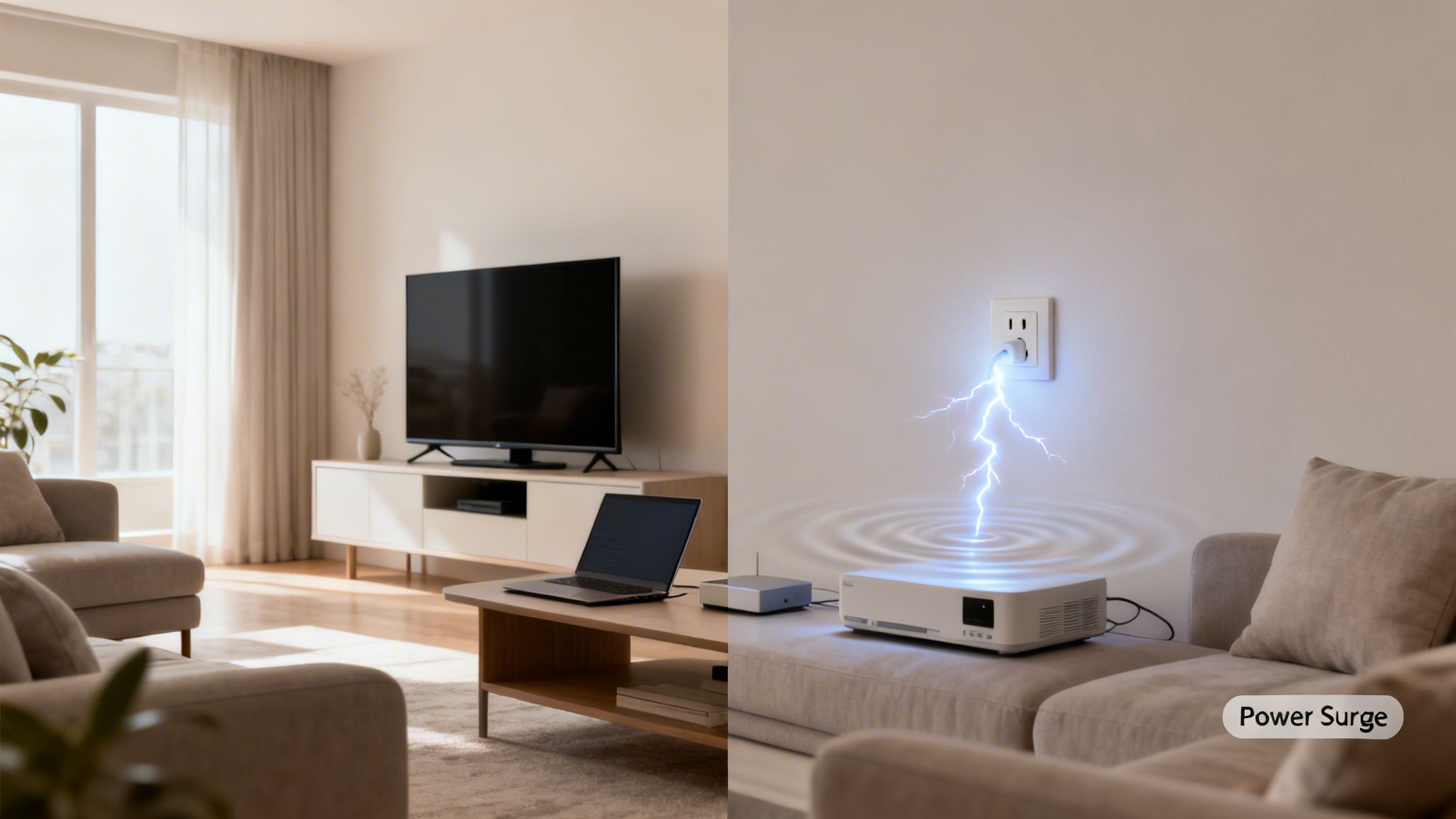 A split image showing a modern living room with a TV, and a power surge striking a projector.