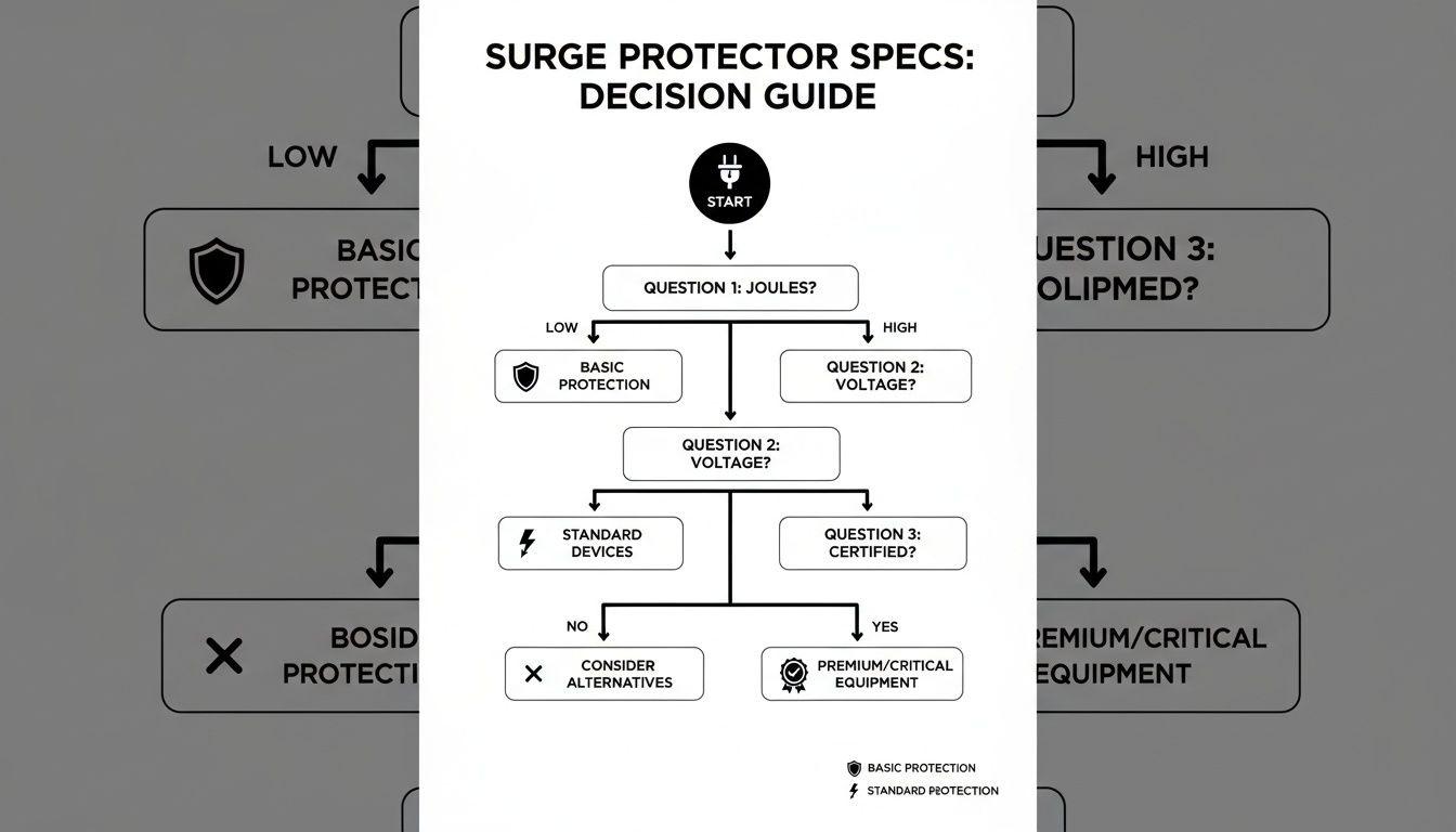 Flowchart decision guide for surge protector specs, assessing joules, voltage, and equipment certification.