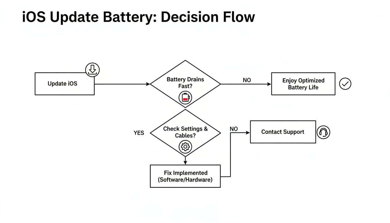 A flowchart detailing the decision process for managing iOS battery issues after an update.