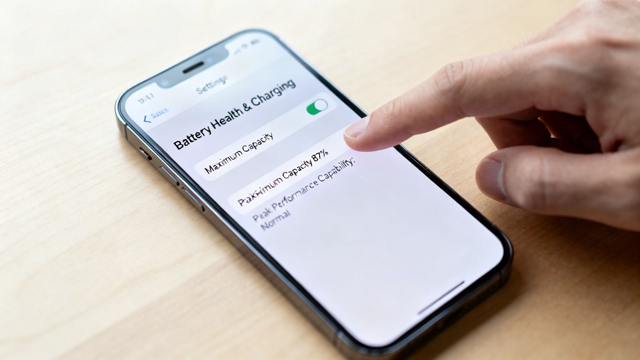 A person's finger taps an iPhone screen displaying 'Battery Health & Charging' settings, showing 87% maximum capacity.