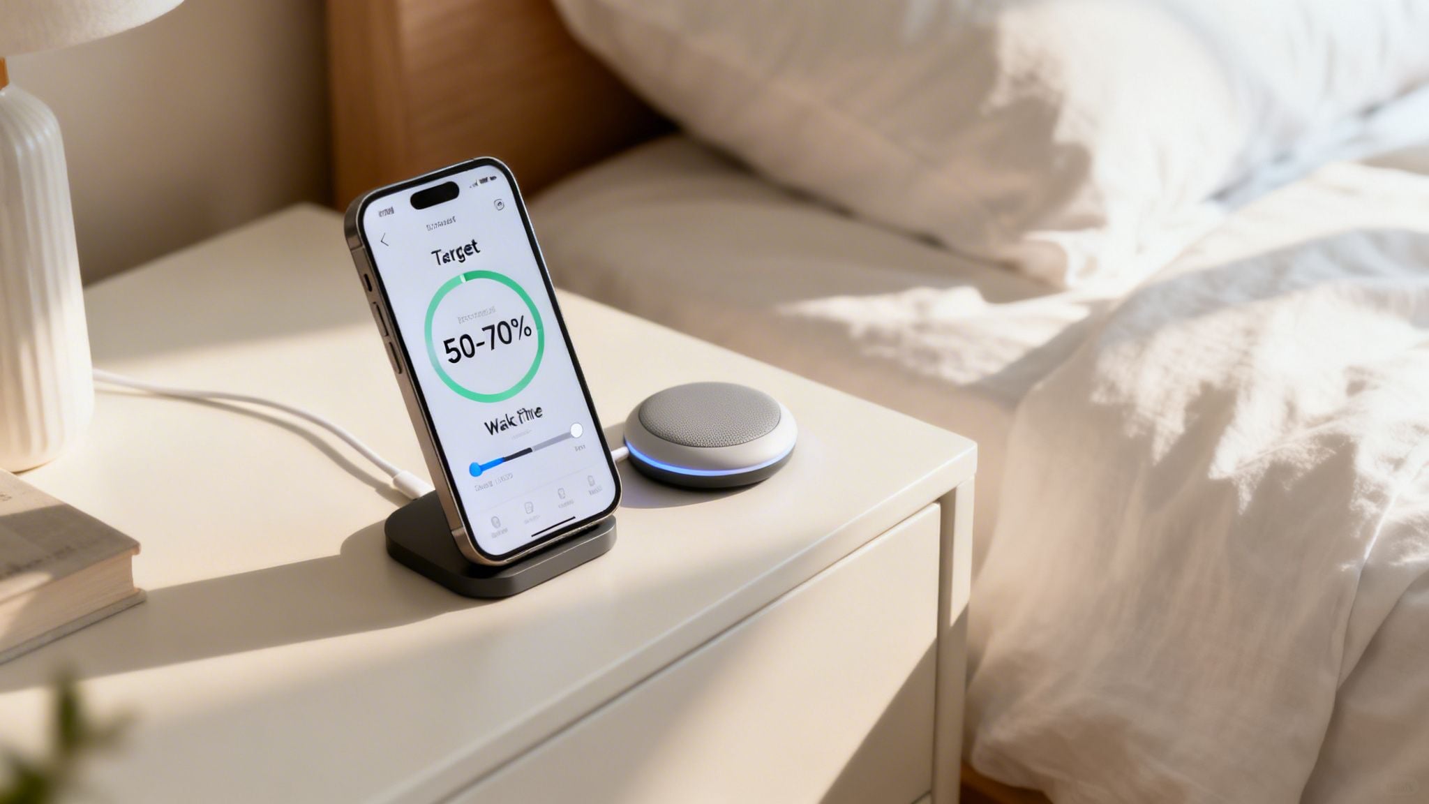 An iPhone on a charger displays a battery target next to a smart speaker on a bedside table.