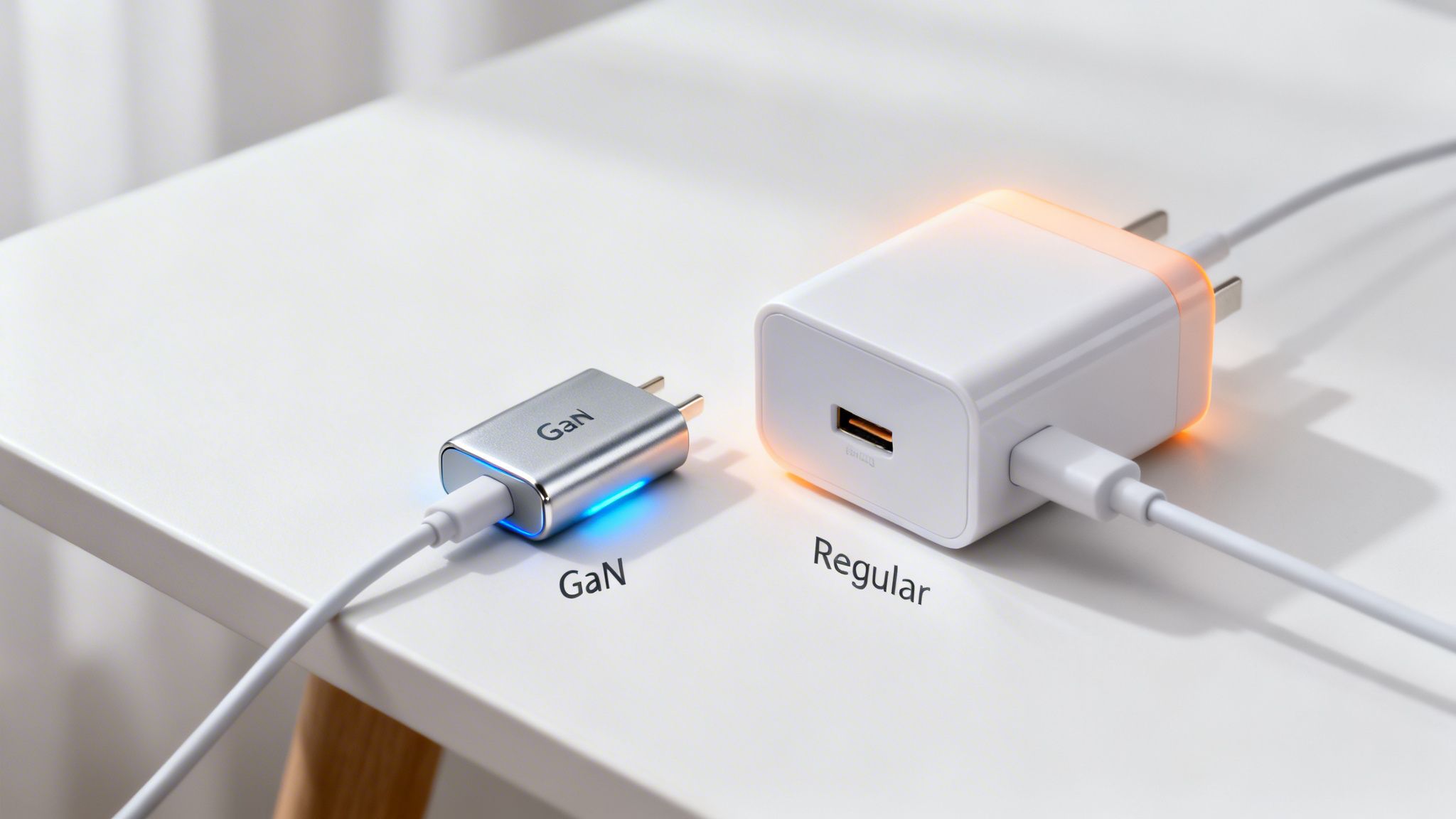 A small GaN charger with blue light next to a larger regular charger with orange light.