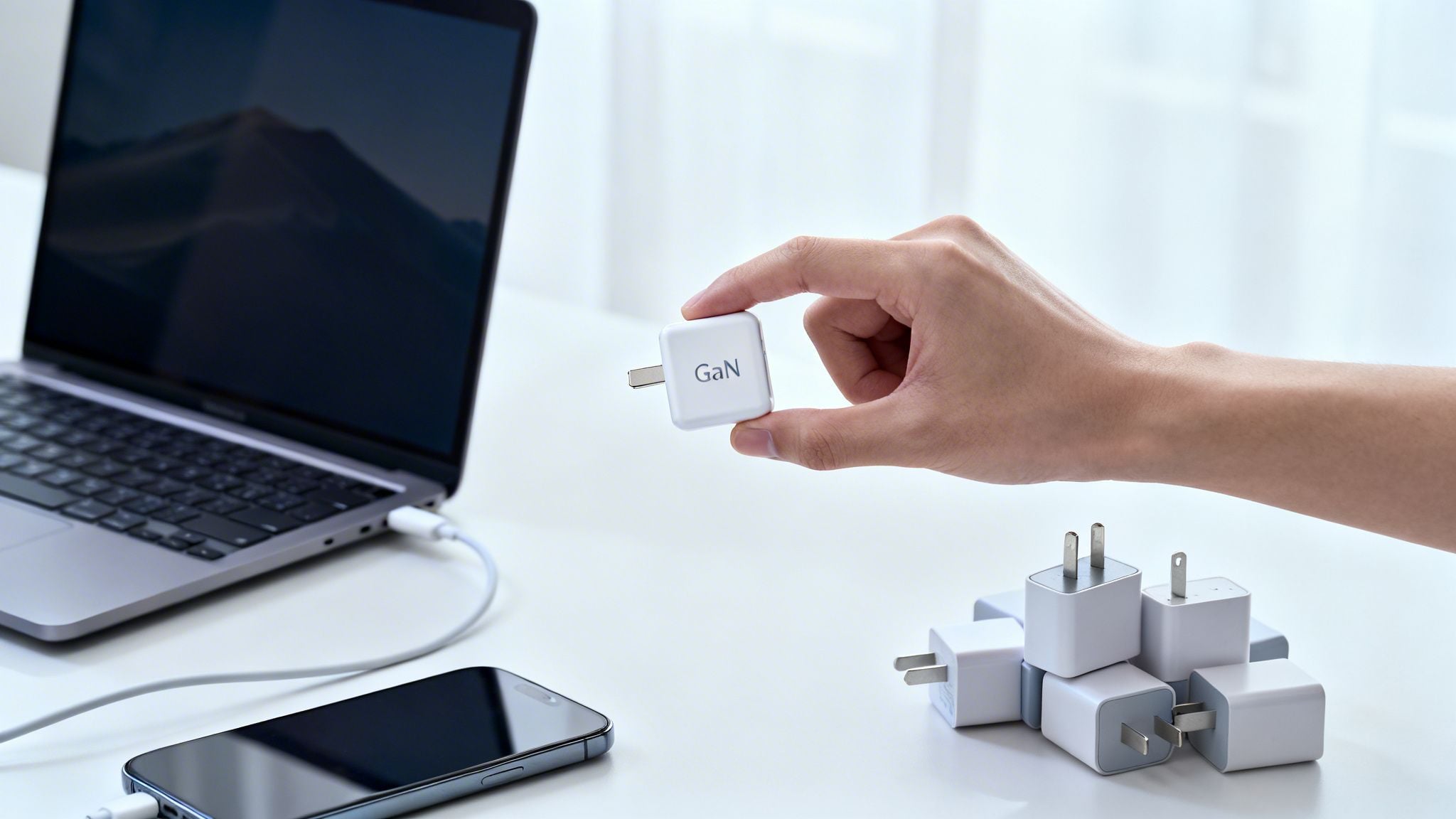 Hand holding a compact GaN charger next to a laptop, phone, and a stack of larger old chargers.