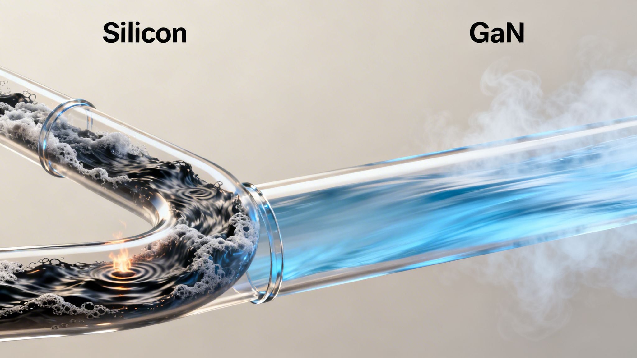 Visual comparison of Silicon (dark, hot, foamy flow) versus GaN (clean, fast, cool flow) in glass pipes.