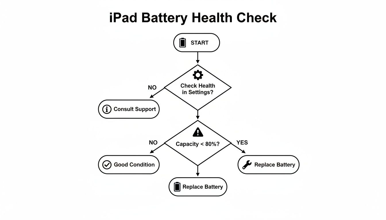 Flowchart detailing the steps for checking iPad battery health and determining if replacement is needed.
