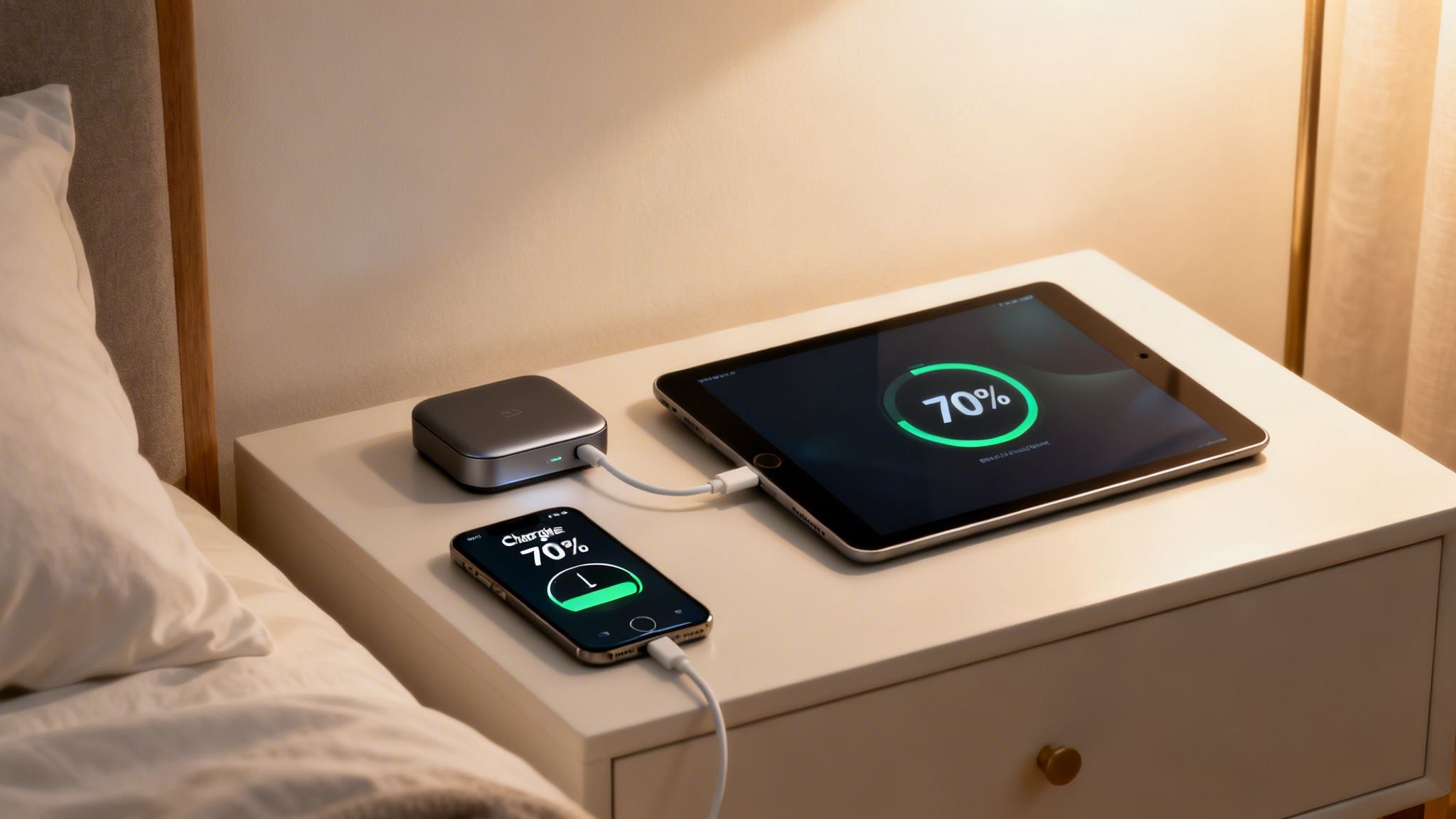 A smartphone and tablet charging from a multi-port hub on a bedside table, both at 70% battery.