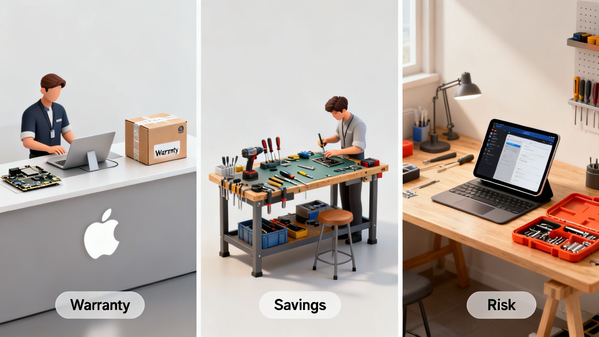 Three panels illustrating device repair: Apple service with warranty, DIY repair for savings, and potential risks.