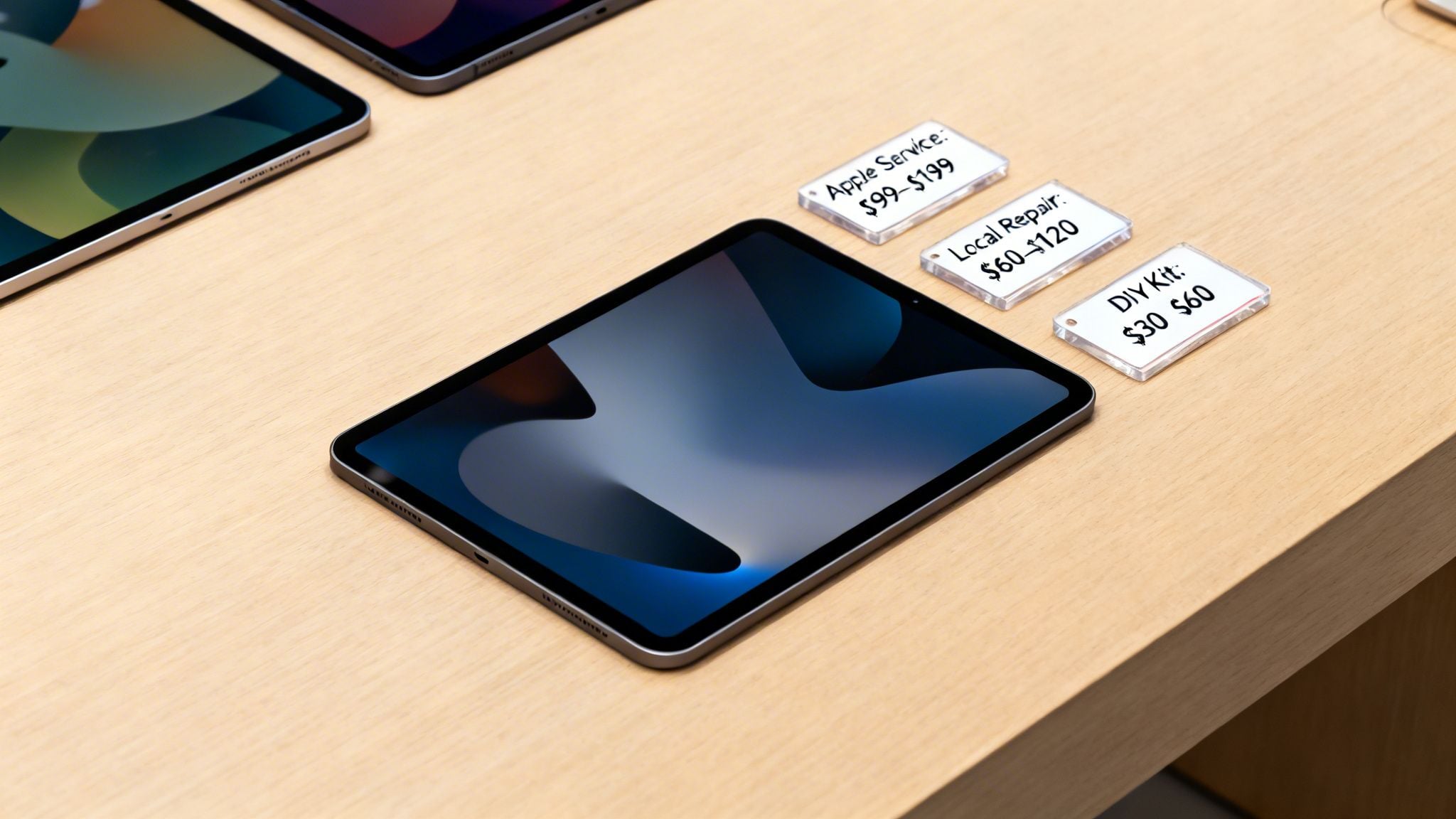An iPad on a wooden table with three price tags showing costs for Apple Service, Local Repair, and DIY Kit.