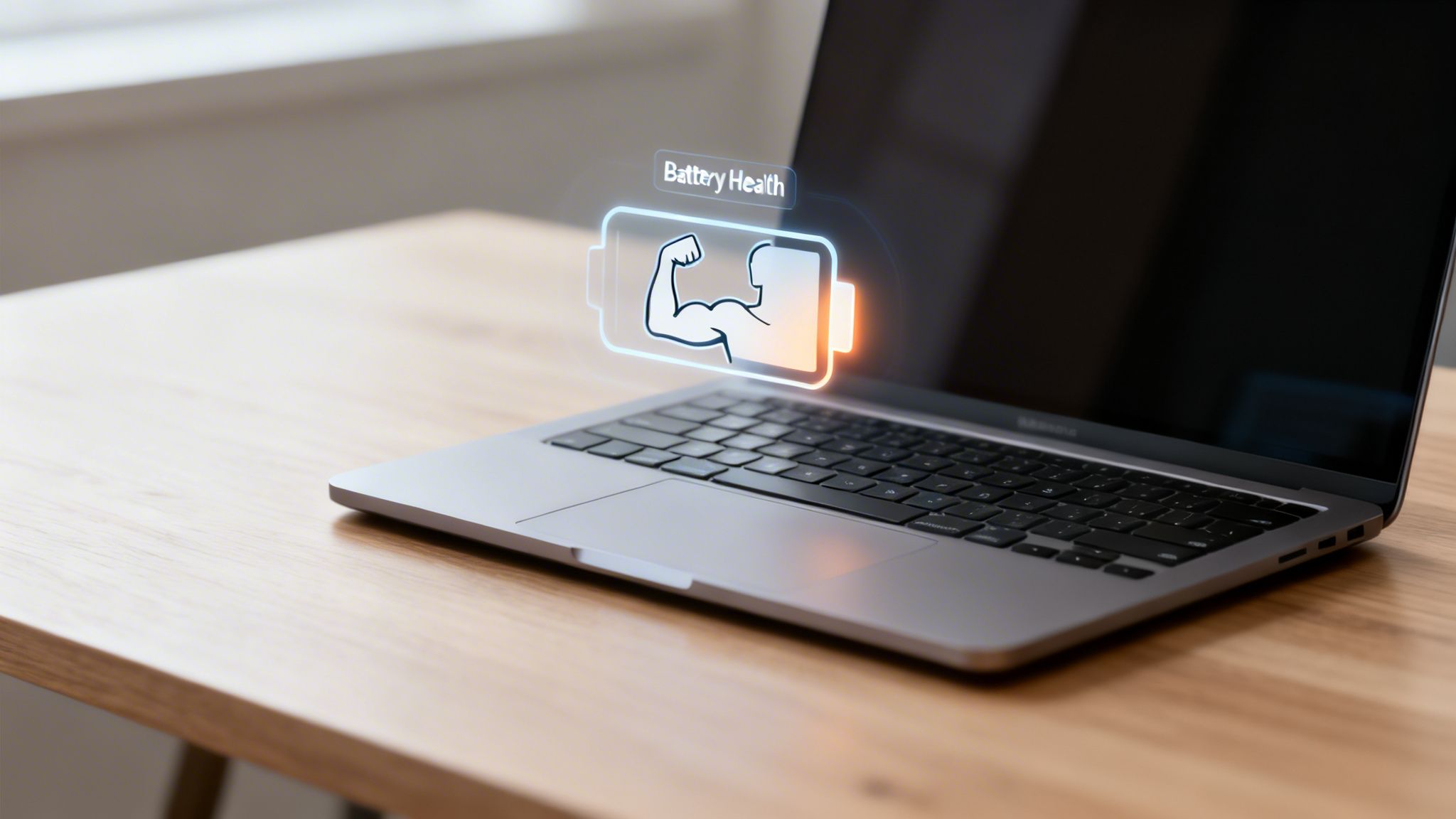 A modern laptop on a wooden desk displays a holographic icon illustrating 'Battery Health' with a strong bicep.