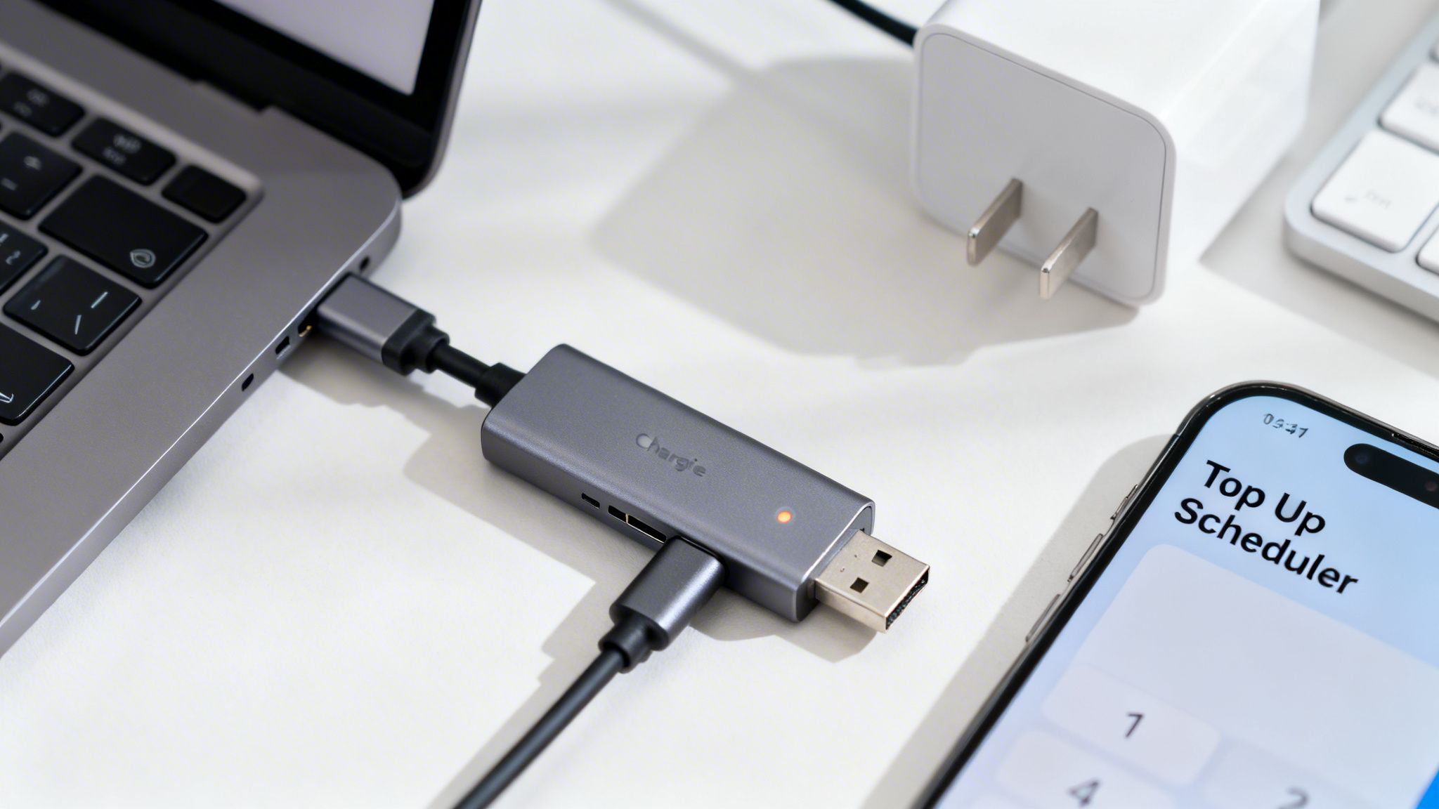 A laptop is connected to a Chargie USB hub, with a smartphone displaying a 'Top Up Scheduler' app.