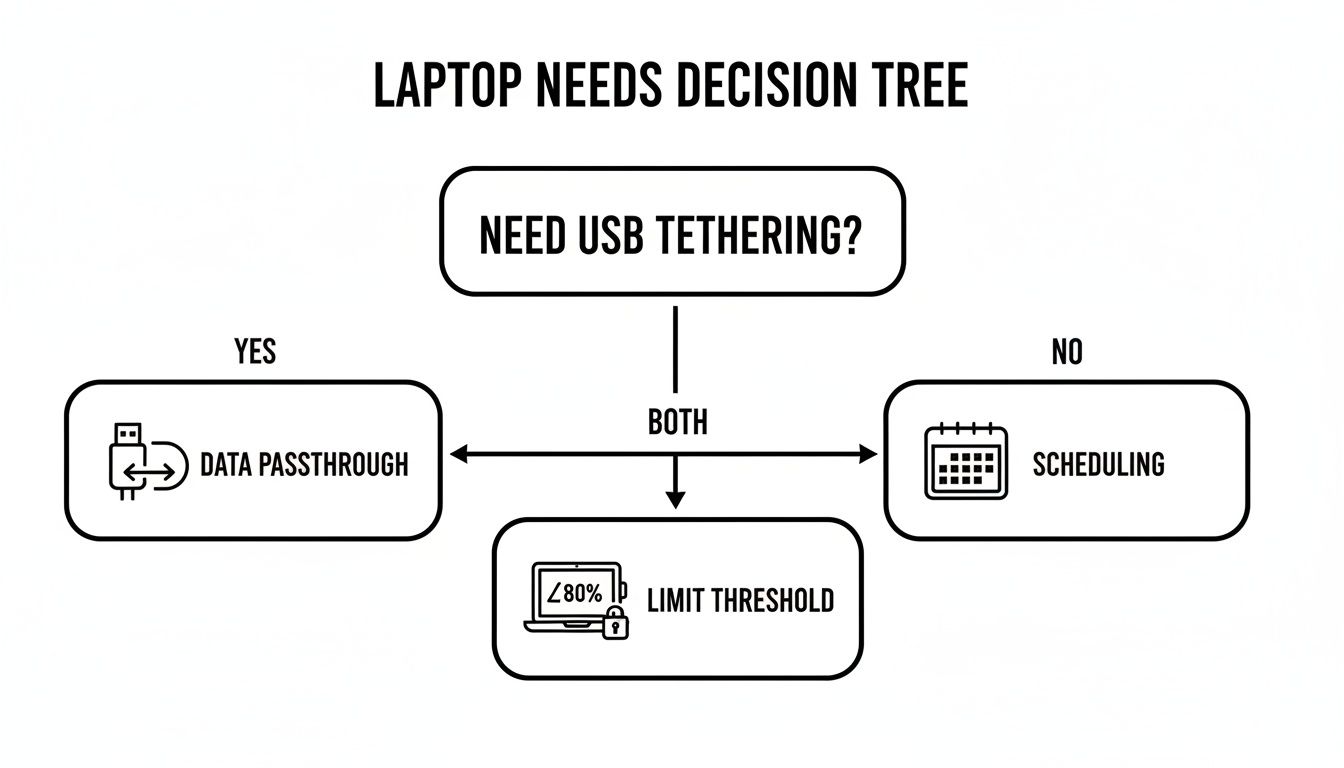 A decision tree for laptop needs, guiding choices based on USB tethering, data passthrough, scheduling, and battery limit threshold.