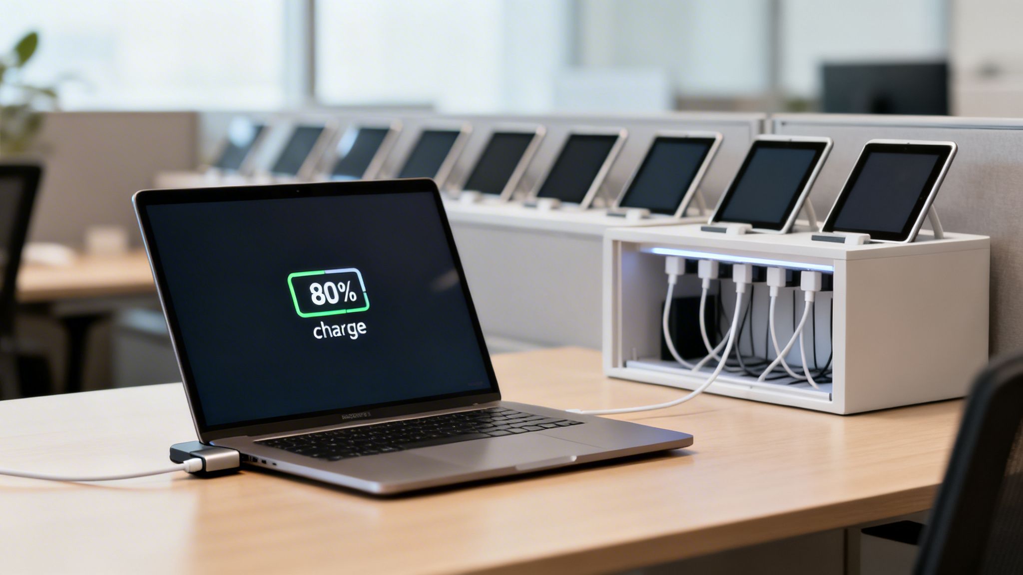 A laptop displaying 80% battery charge is connected to a hub, with multiple tablets charging in an office.