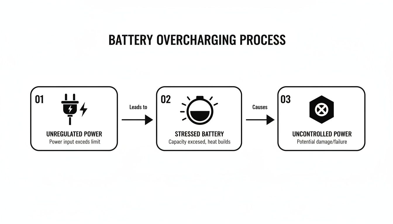 Flowchart illustrating the three-step battery overcharging process, showing unregulated power leading to a stressed battery and uncontrolled power.