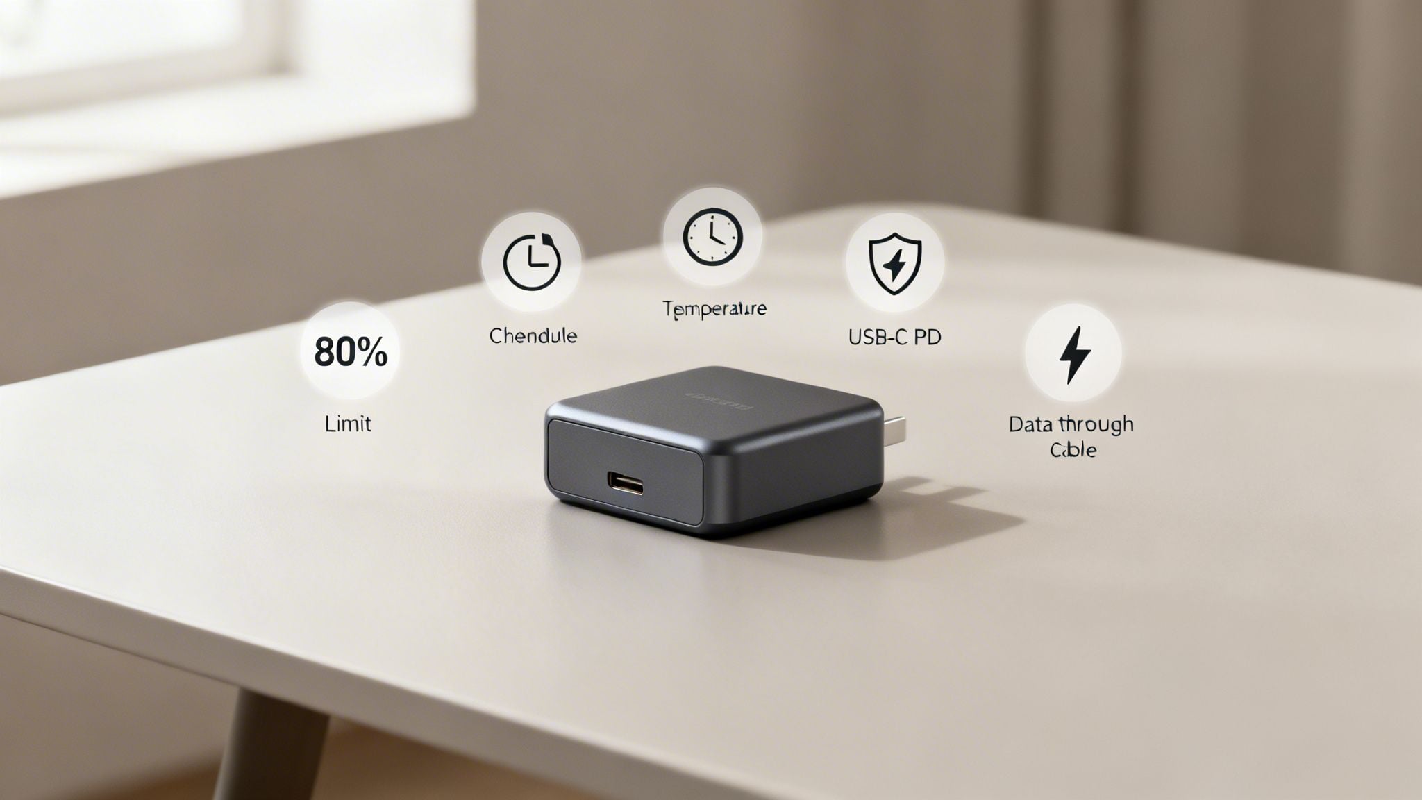 Dark gray charger with feature icons for 80% limit, schedule, temperature, USB-C PD, and data.