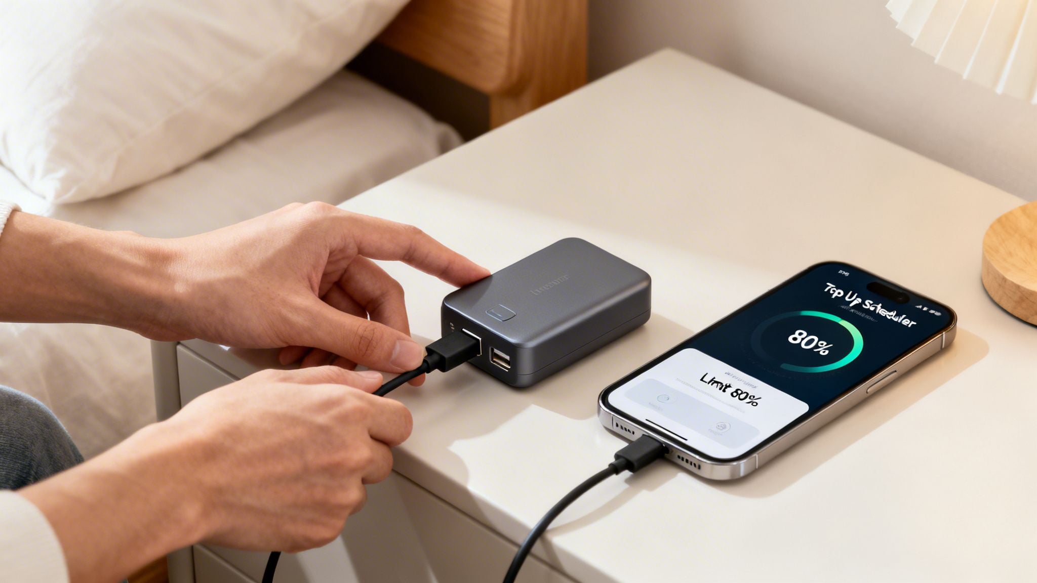 A person plugs a USB cable into a grey charging device while a smartphone displays a battery charging screen.