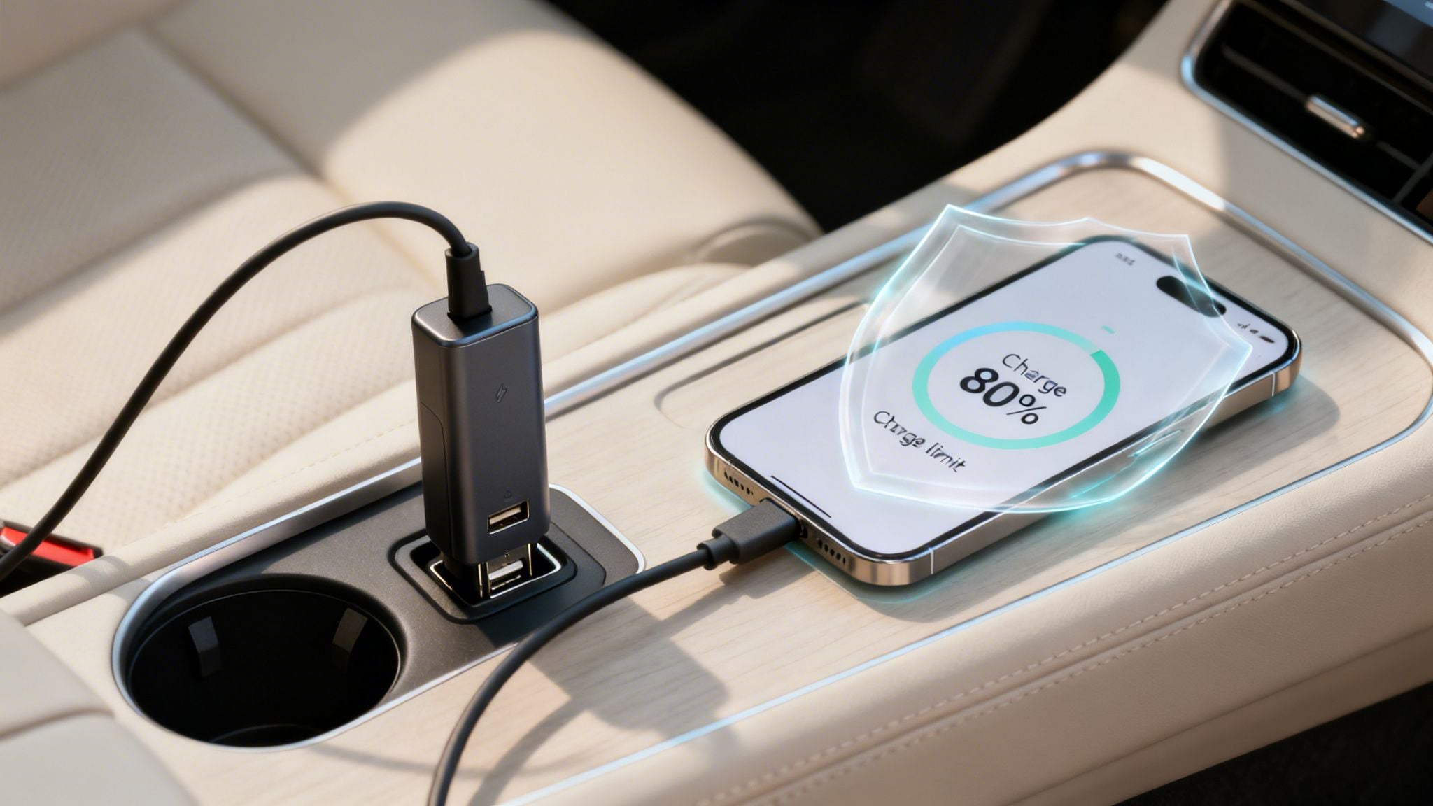 A smartphone charging in a car with a multi-port USB adapter, displaying 80% charge with a shield graphic.
