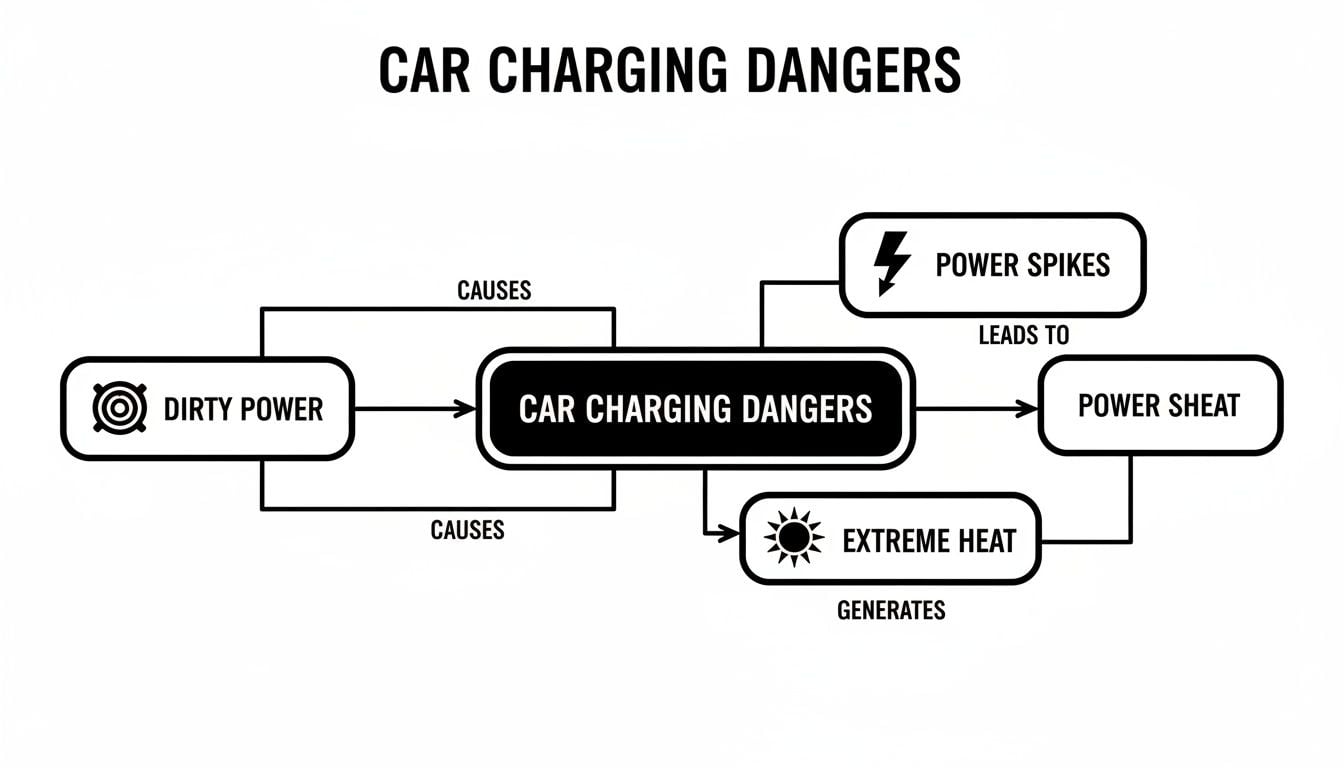 Flowchart illustrating car charging dangers caused by dirty power, leading to power spikes, extreme heat, and power sheat.