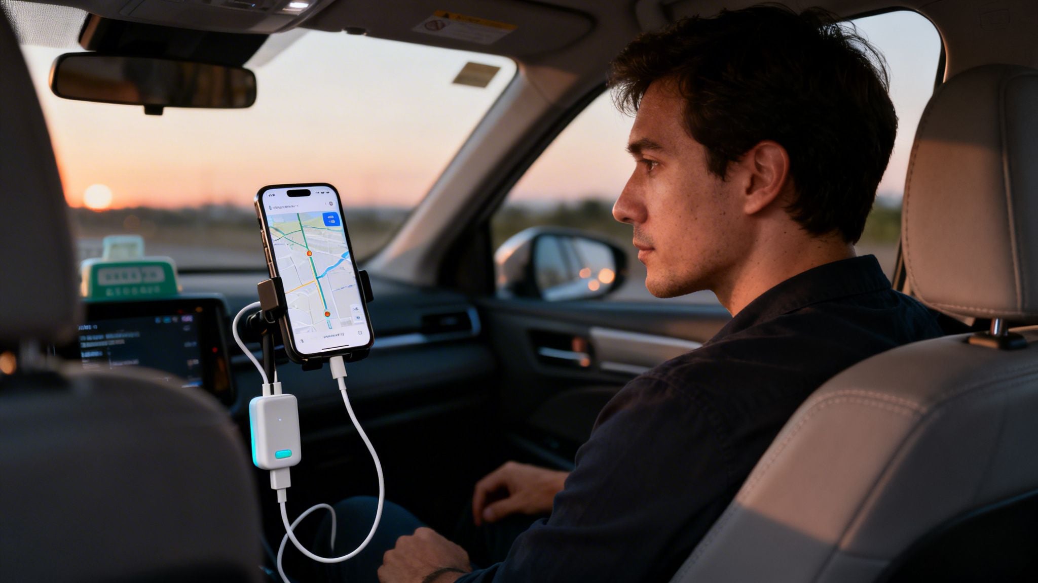 A man drives a car at sunset, using a smartphone for navigation with a charging adapter.