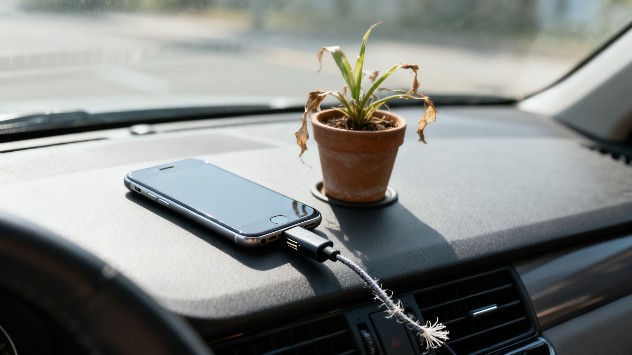 Smartphone charging with an adapter on a car dashboard next to a small, wilting potted plant.