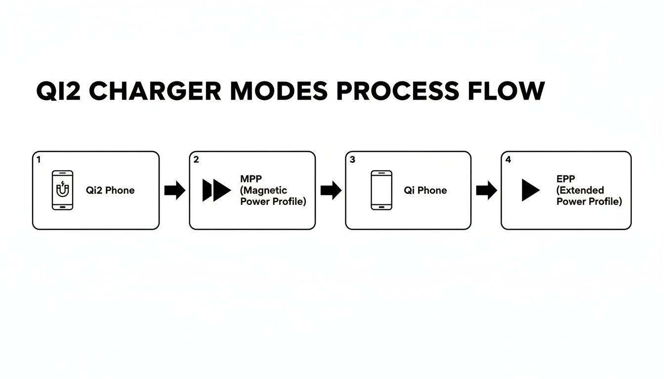 A flow chart illustrating the Qi2 charger modes process, showing Qi2 phone, MPP, Qi phone, and EPP.