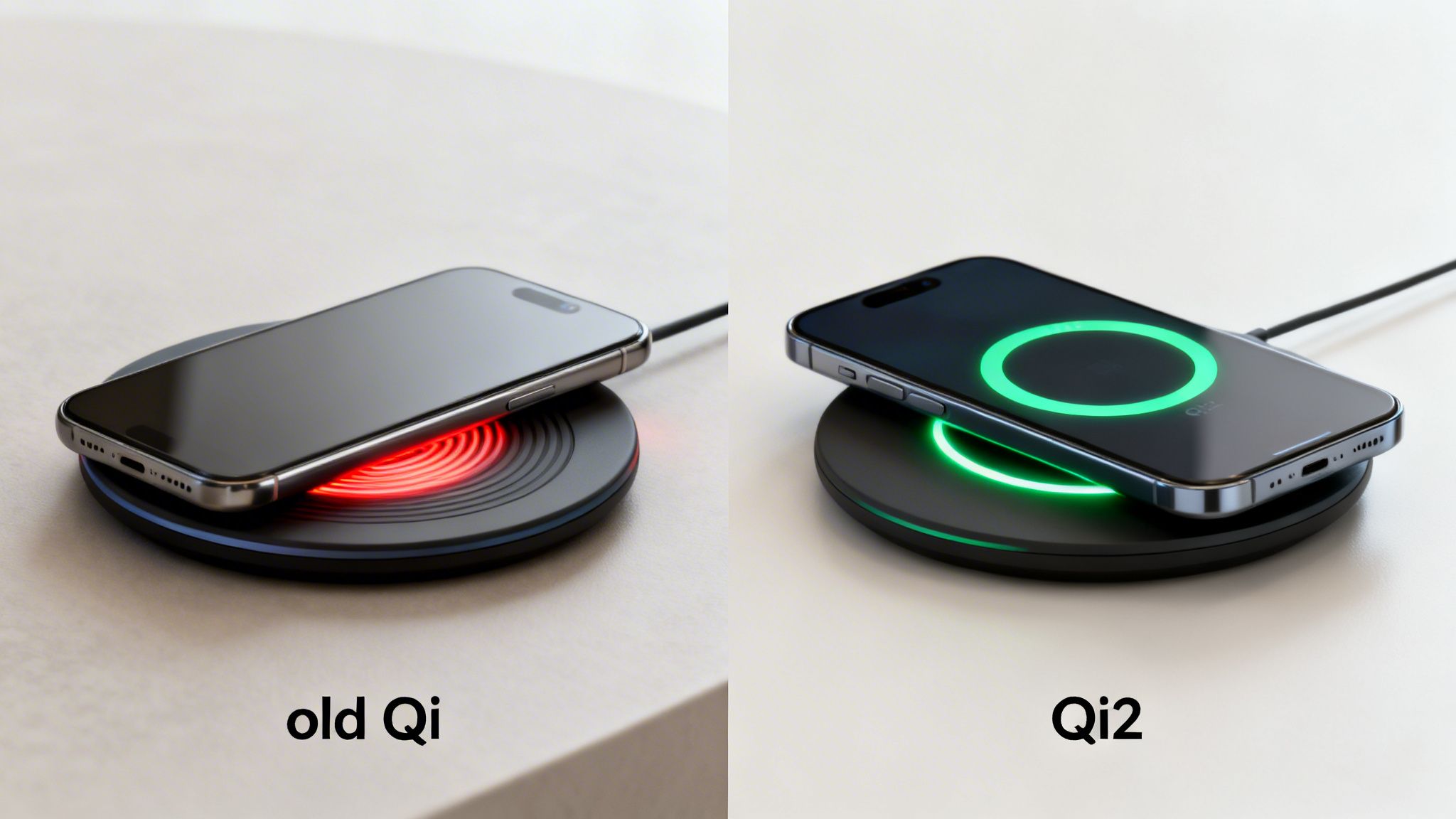 Two phones on wireless chargers, comparing old Qi (red light) and new Qi2 (green light) charging.